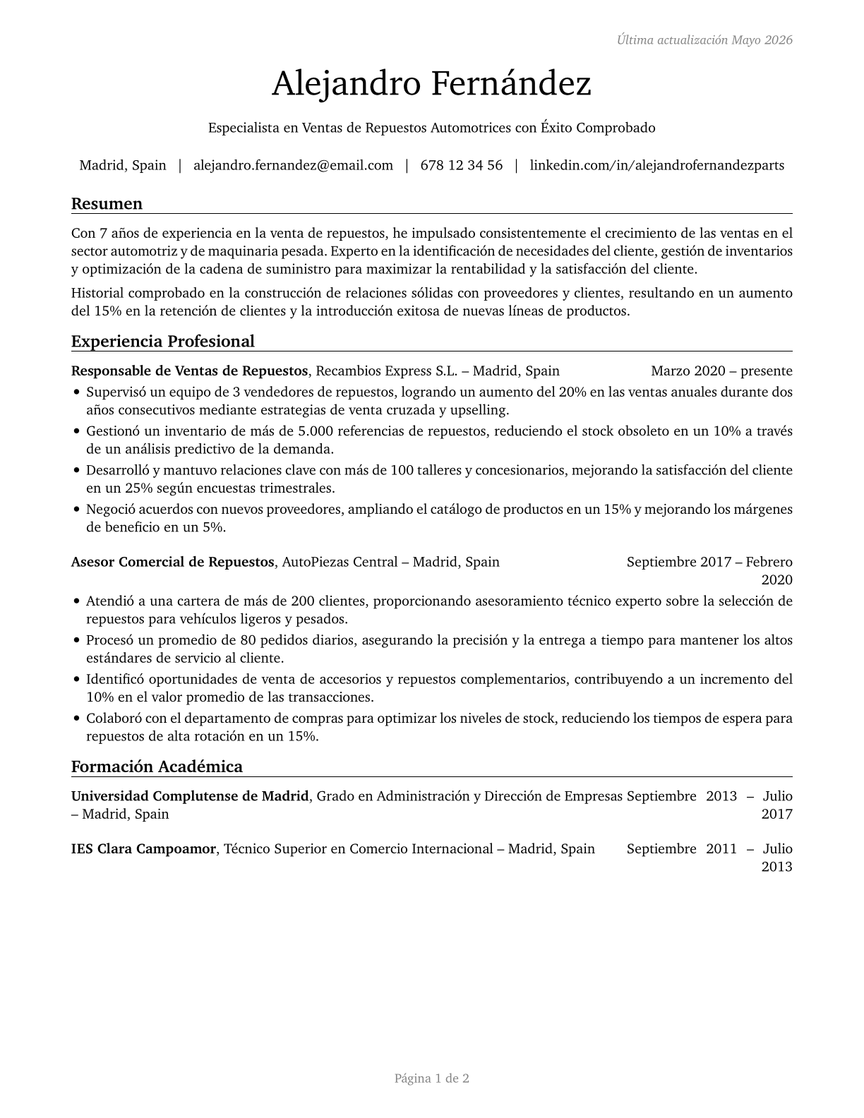 Parts Salespersons CV in Spanish — page 1