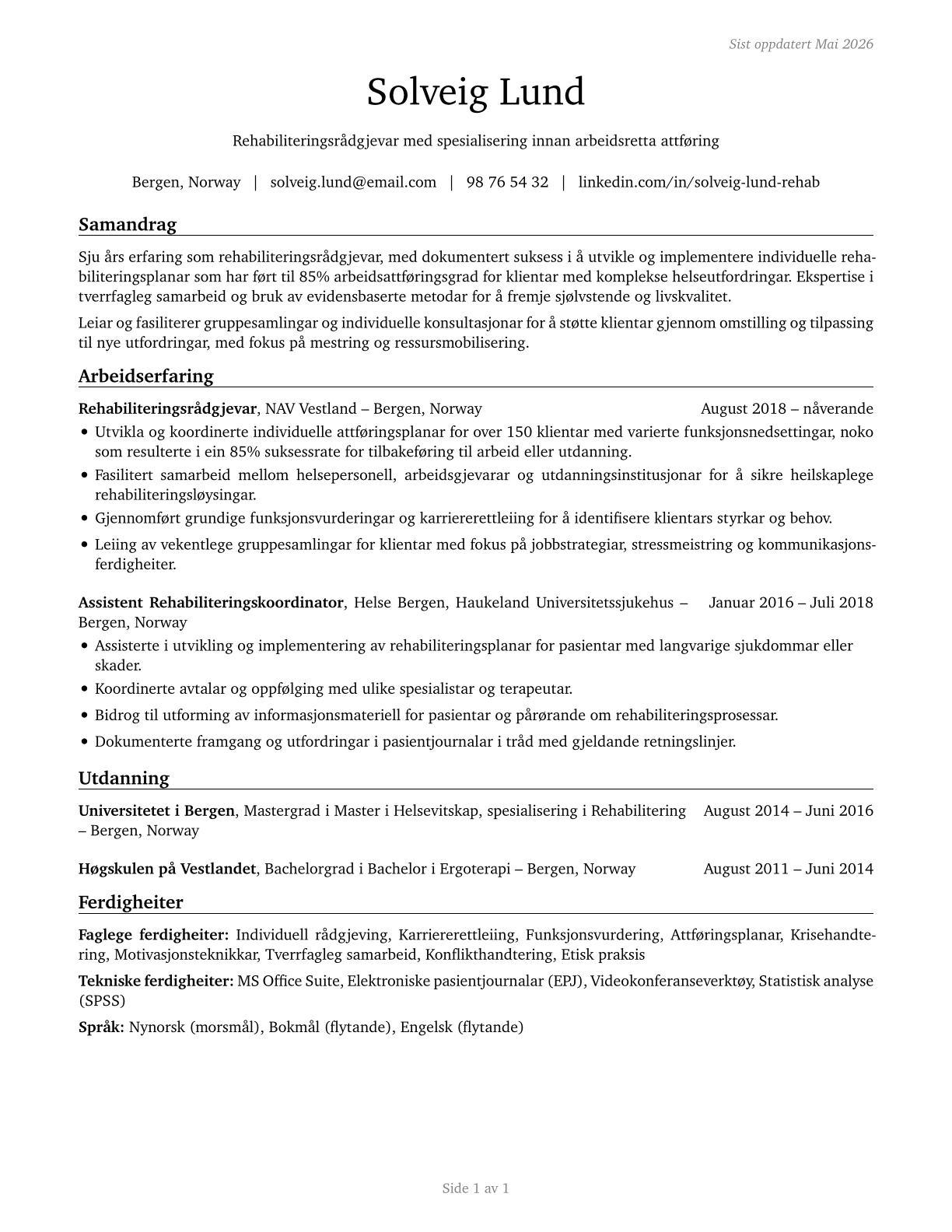 Rehabilitation Counselors CV in Norwegian_nynorsk — page 1