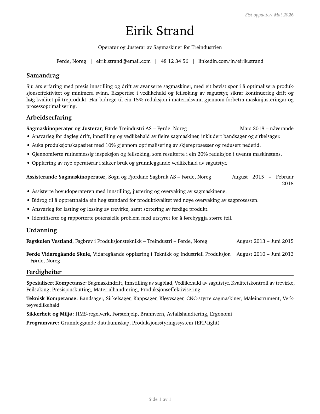Sawing Machine Setters, Operators, and Tenders, Wood CV in Norwegian_nynorsk — page 1
