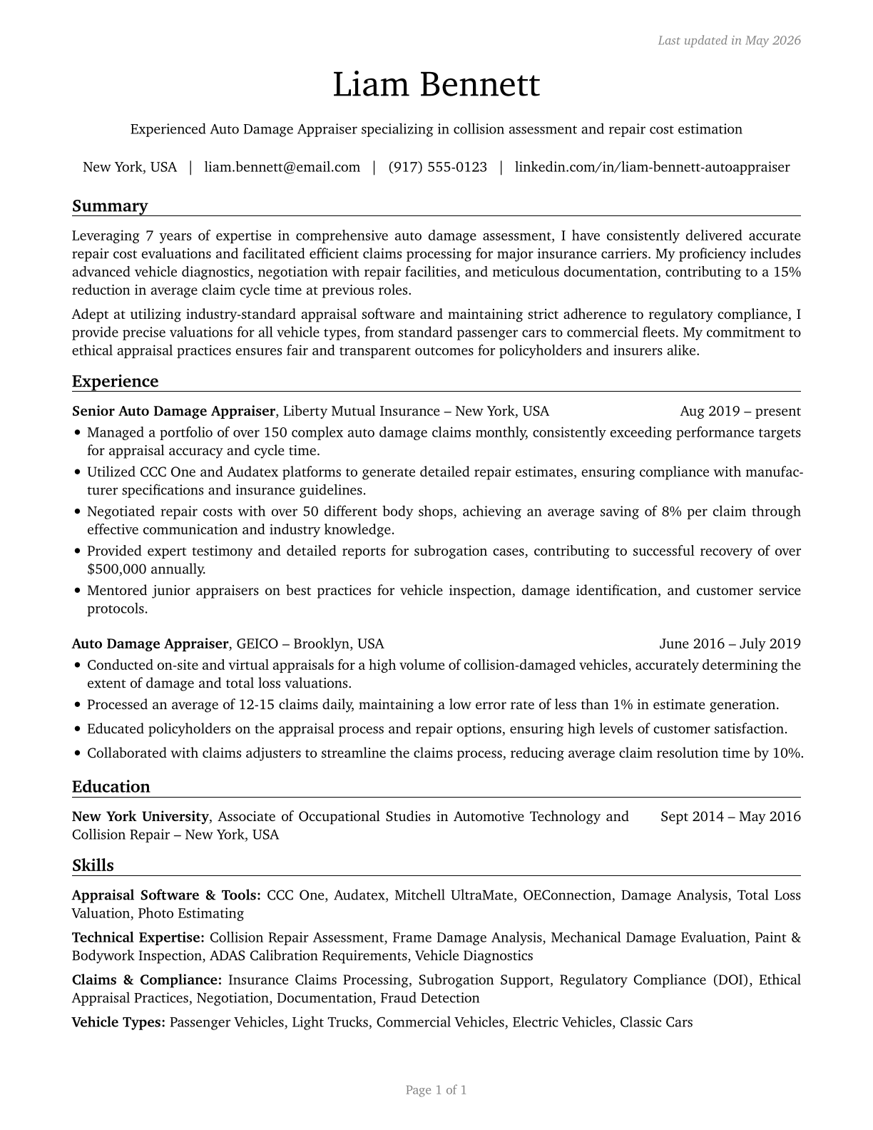 Insurance Appraisers, Auto Damage CV in English — page 1
