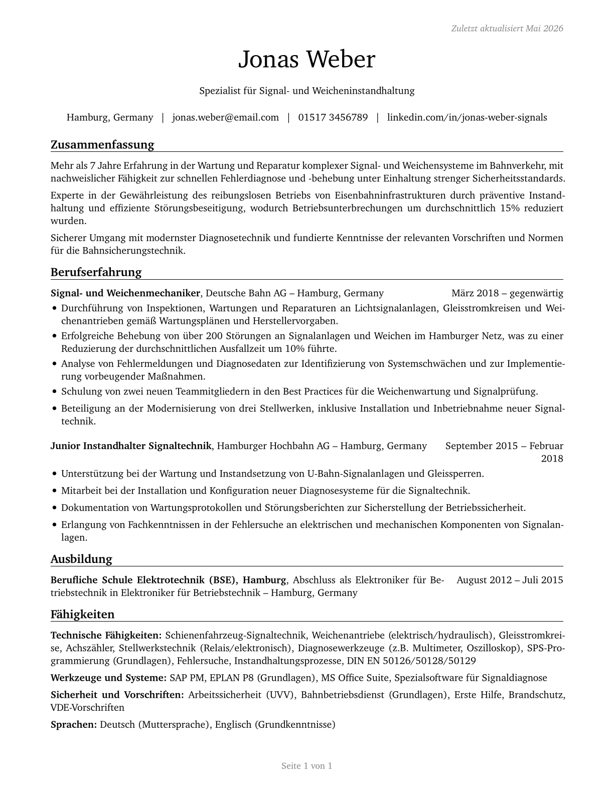 Signal and Track Switch Repairers CV in German — page 1