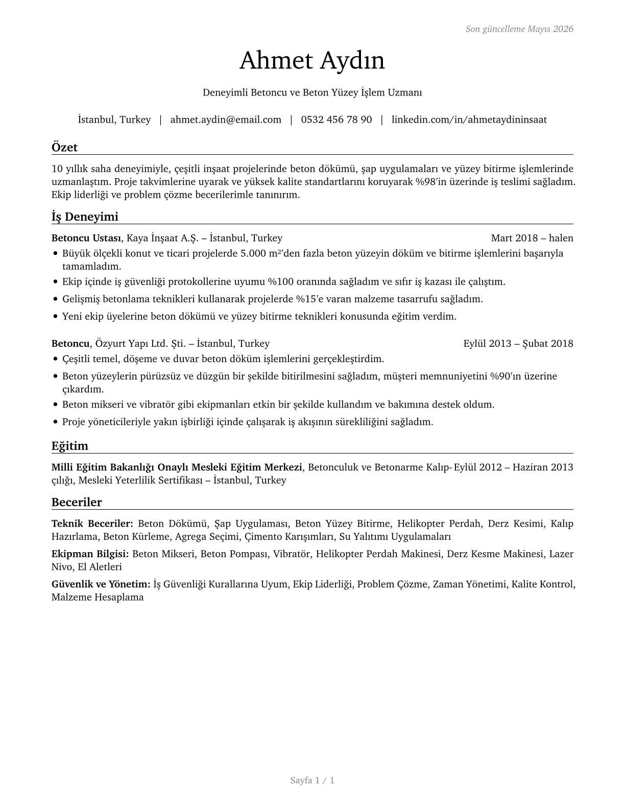Cement Masons and Concrete Finishers CV in Turkish — page 1