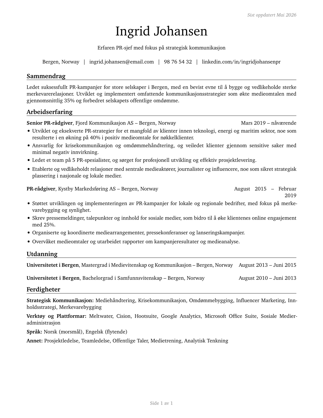 Public Relations Managers CV in Norwegian_bokmal — page 1