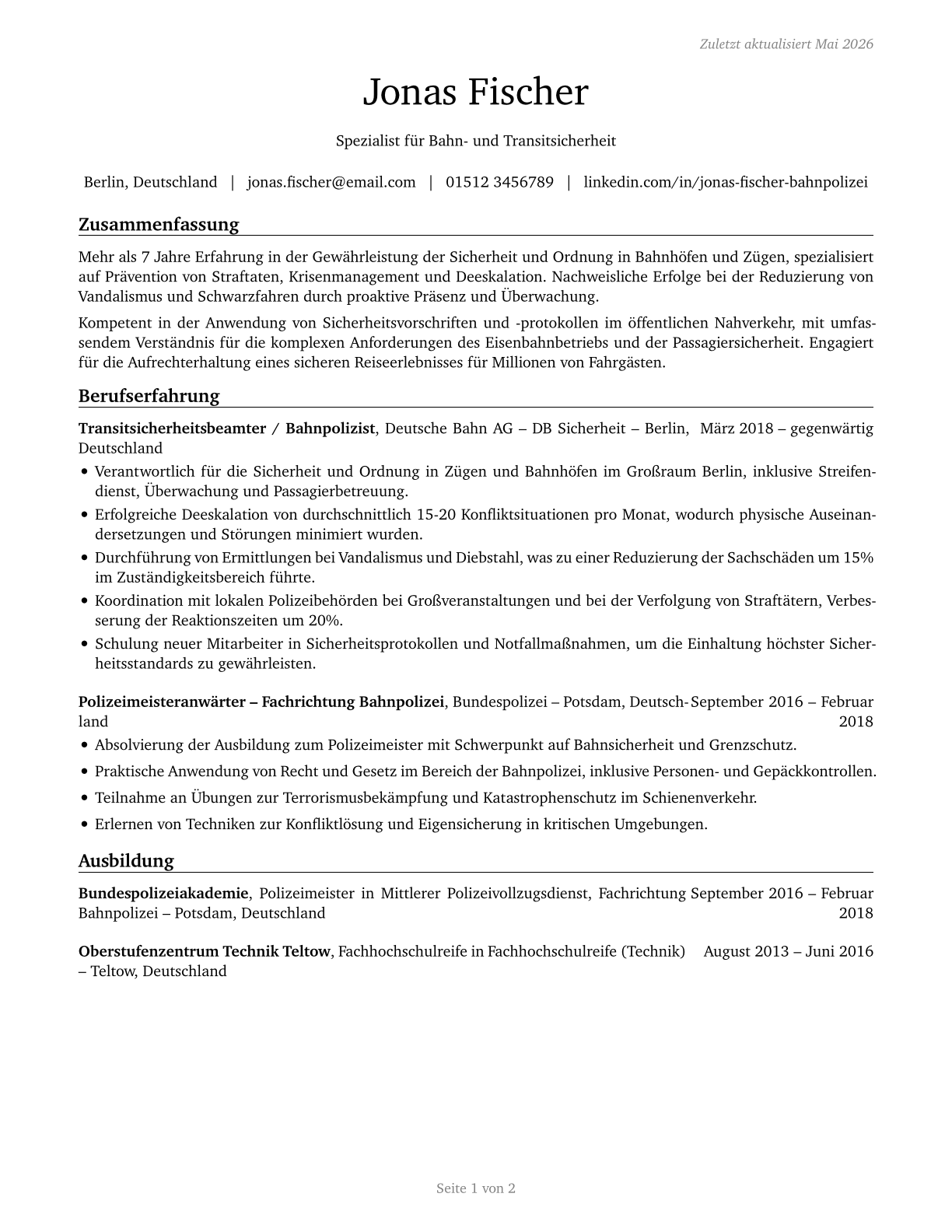 Transit and Railroad Police CV in German — page 1