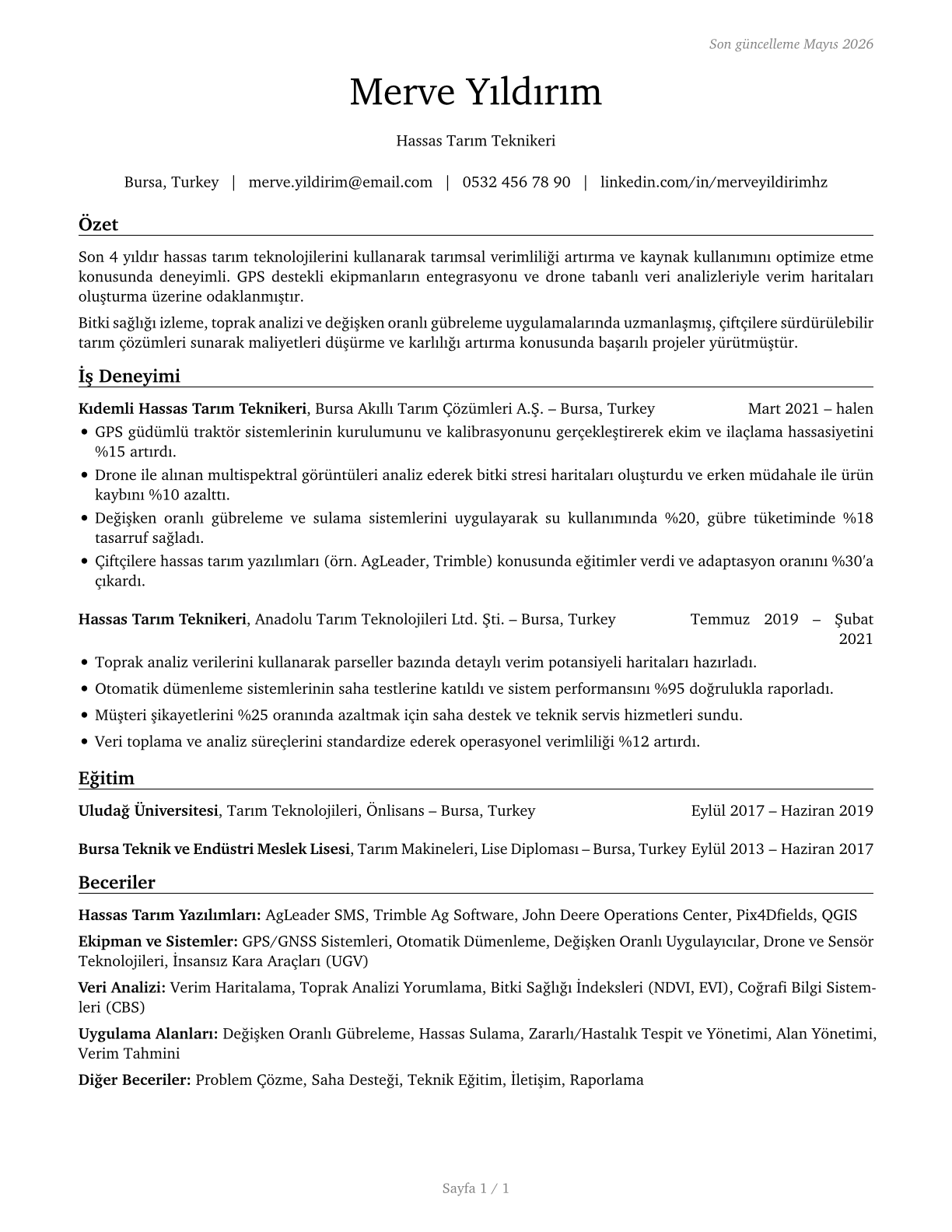 Precision Agriculture Technicians CV in Turkish — page 1