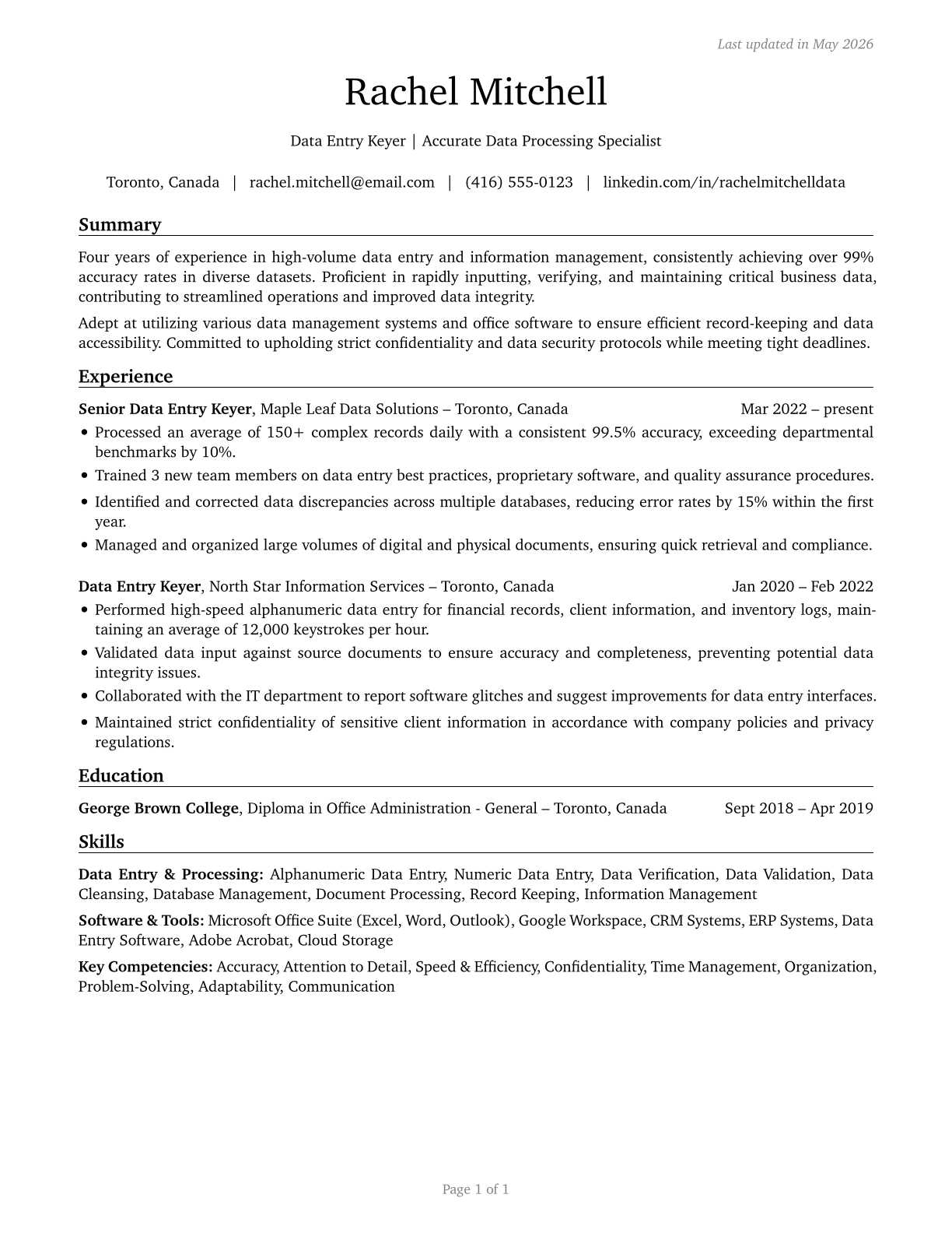 Data Entry Keyers CV in English — page 1