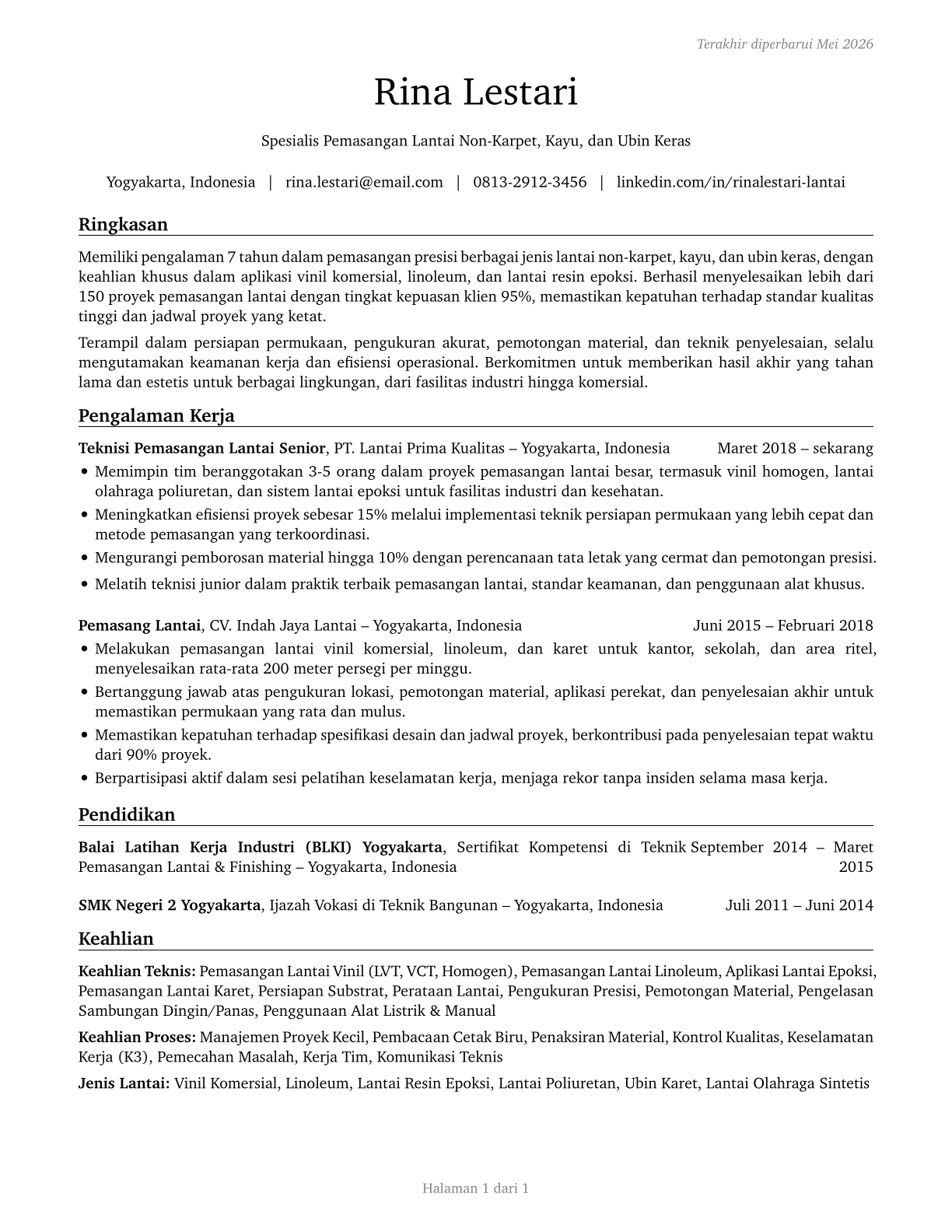 Floor Layers, Except Carpet, Wood, and Hard Tiles CV in Indonesian — page 1