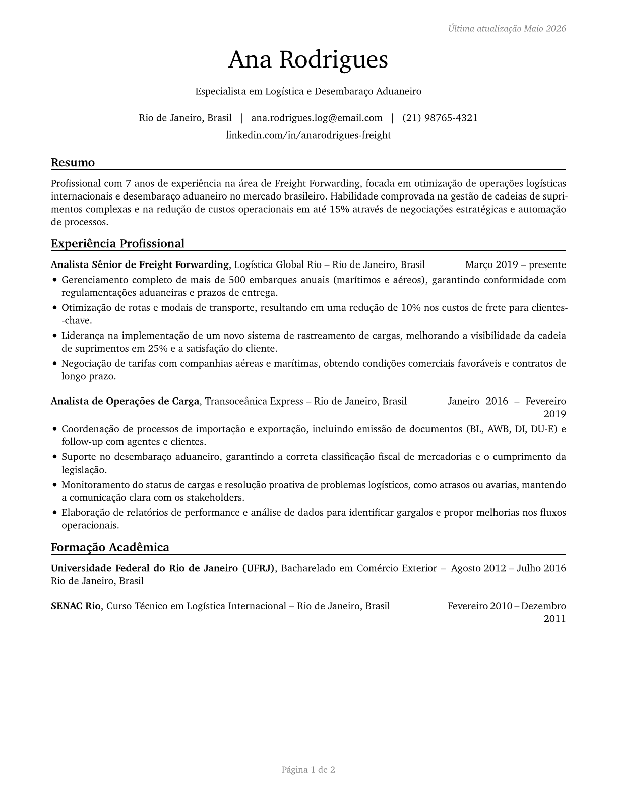 Freight Forwarders CV in Portuguese — page 1
