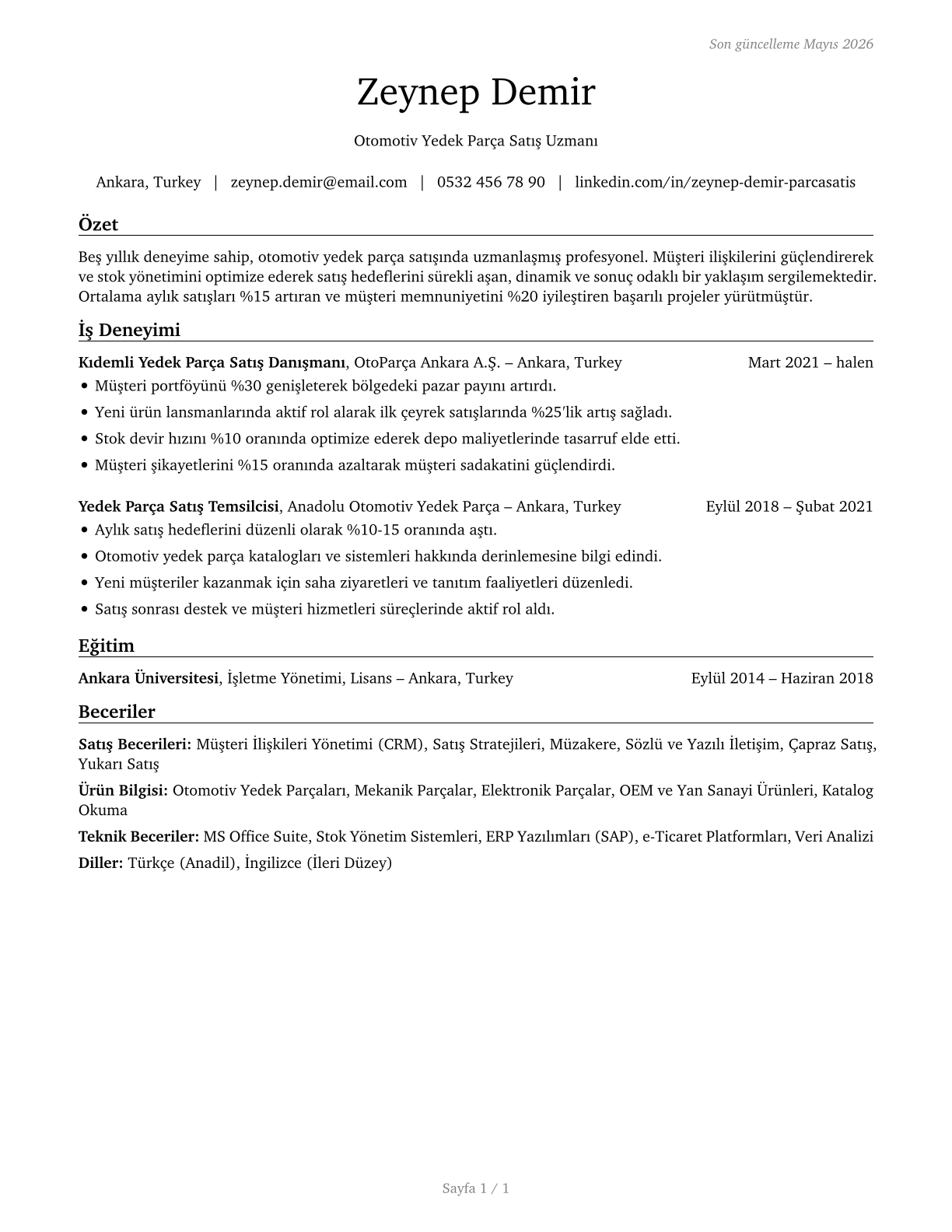 Parts Salespersons CV in Turkish — page 1