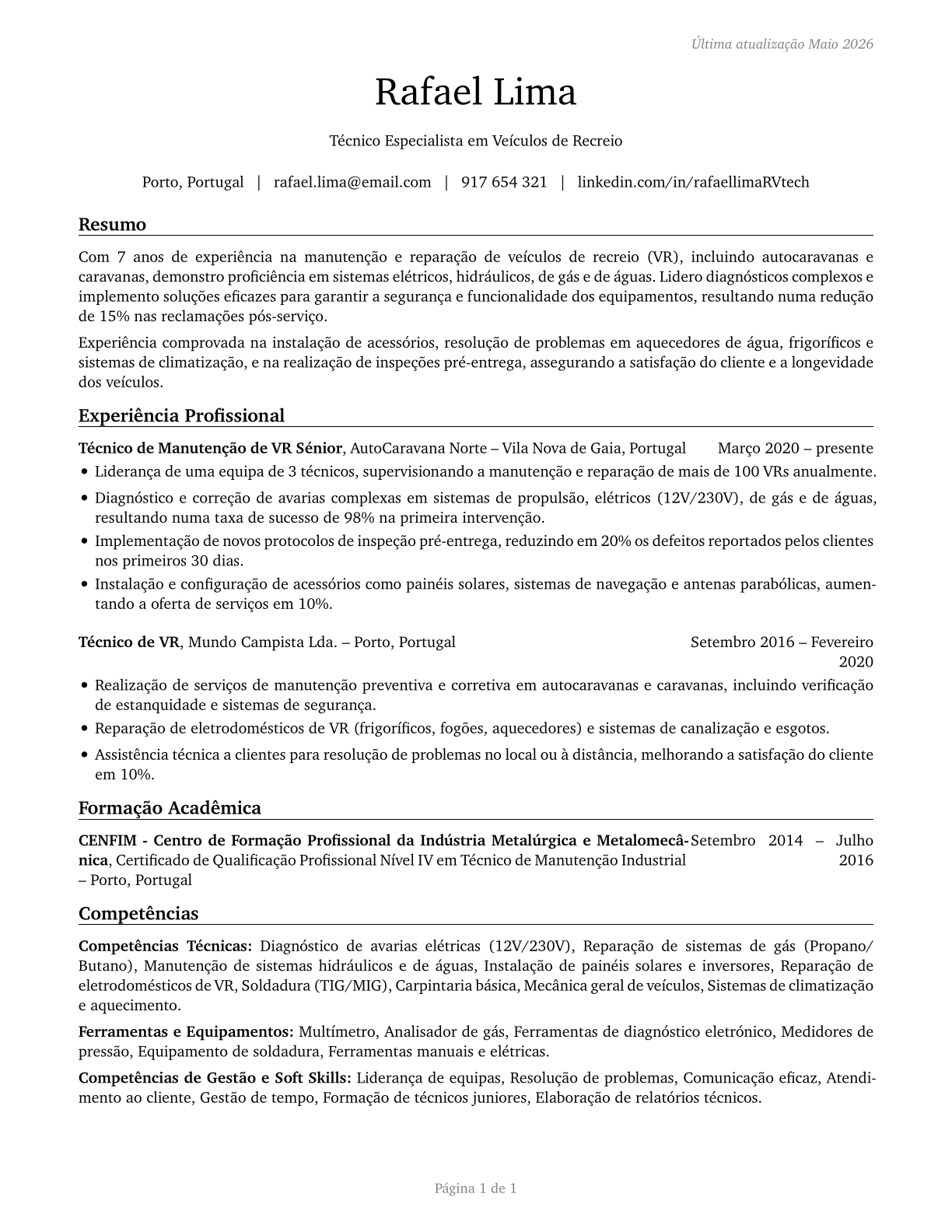 Recreational Vehicle Service Technicians CV in Portuguese — page 1