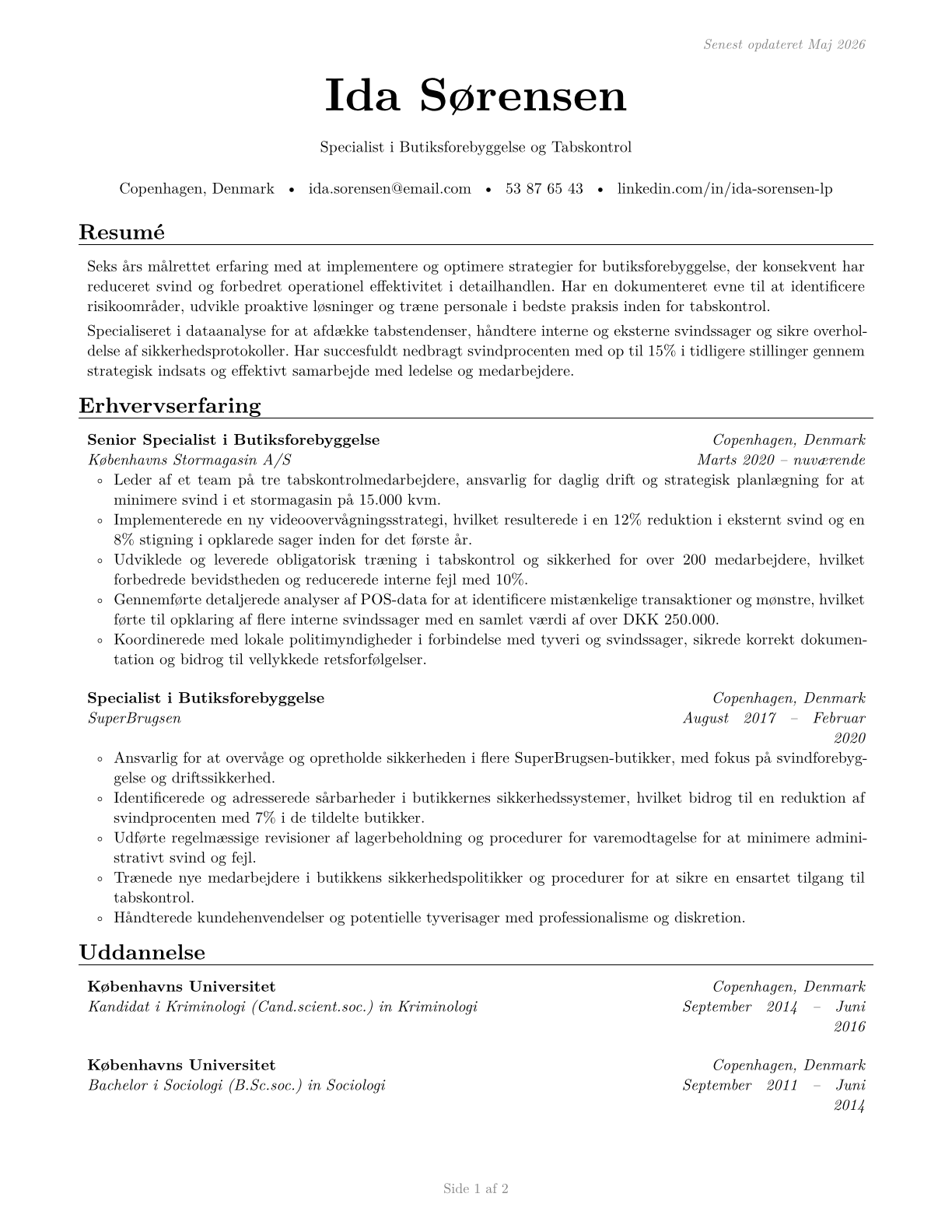 Retail Loss Prevention Specialists CV in Danish — page 1