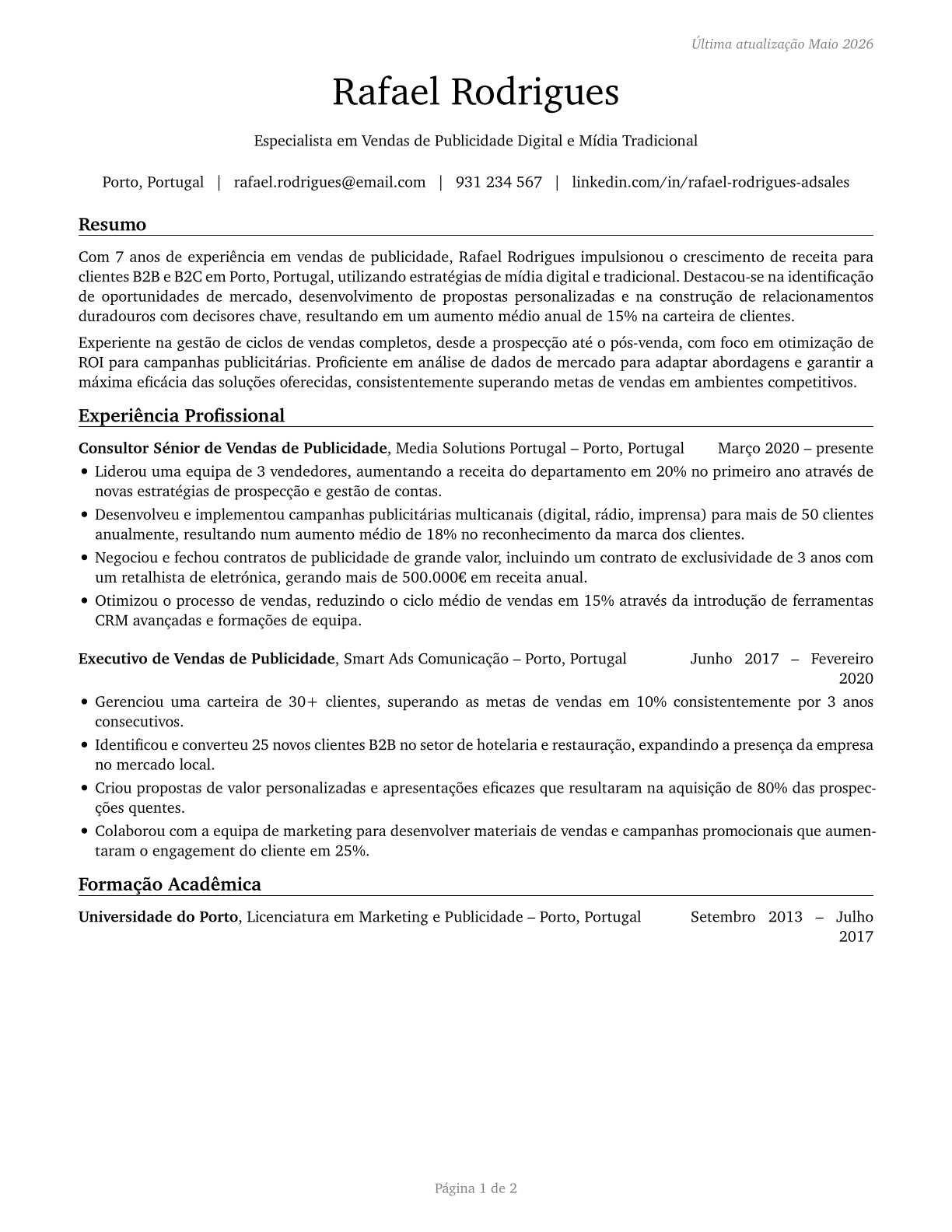 Advertising Sales Agents CV in Portuguese — page 1