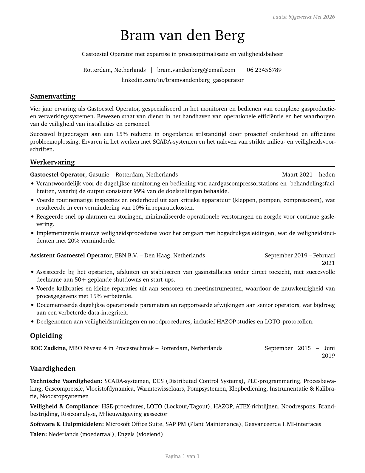 Gas Plant Operators CV in Dutch — page 1