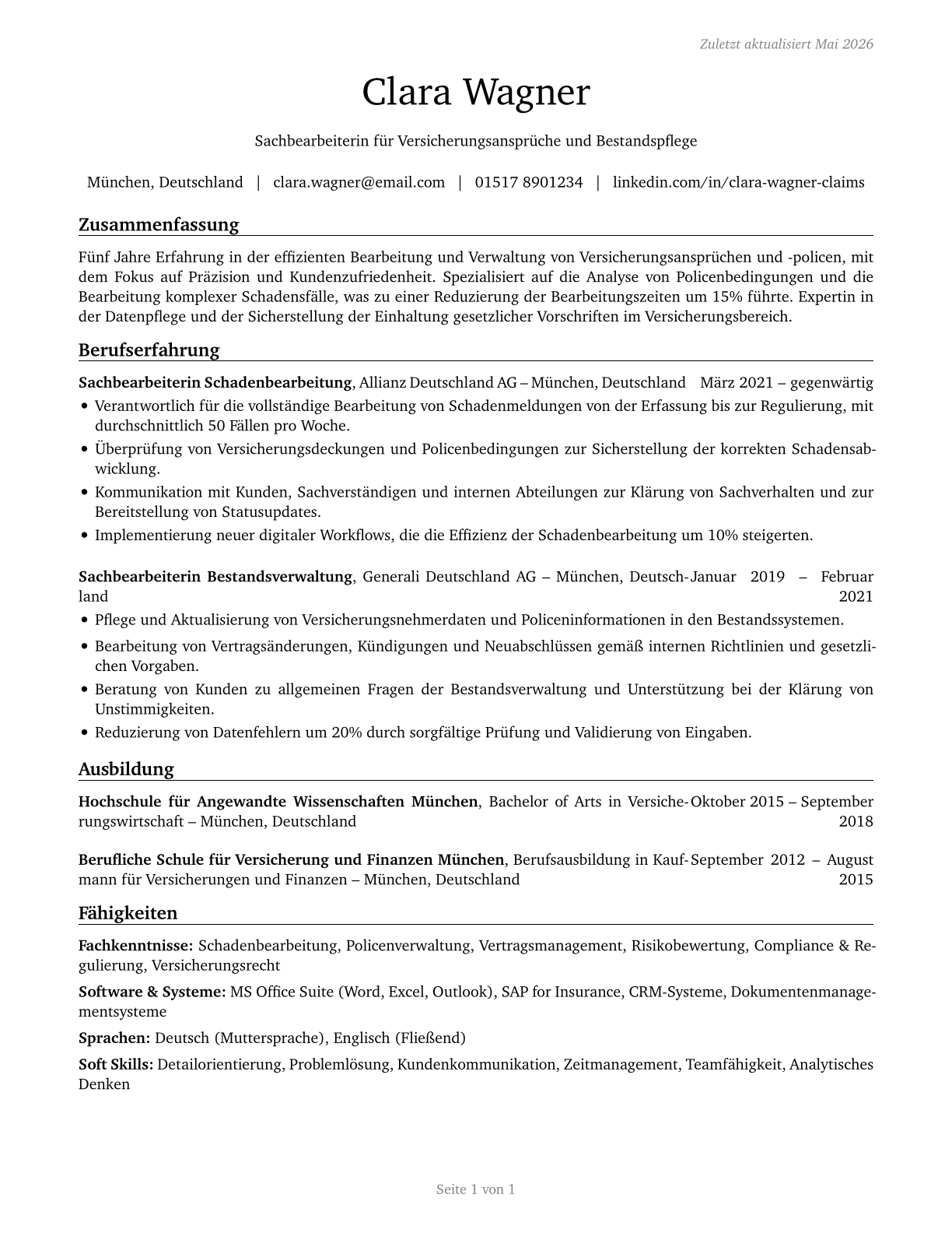 Insurance Claims and Policy Processing Clerks CV in German — page 1