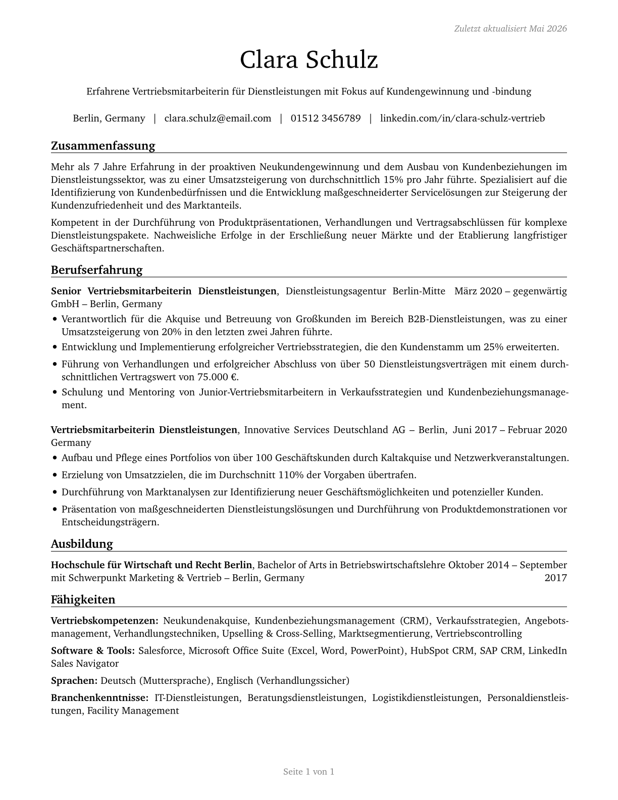Sales Representatives of Services, Except Advertising, Insurance, Financial Services, and Travel CV in German — page 1
