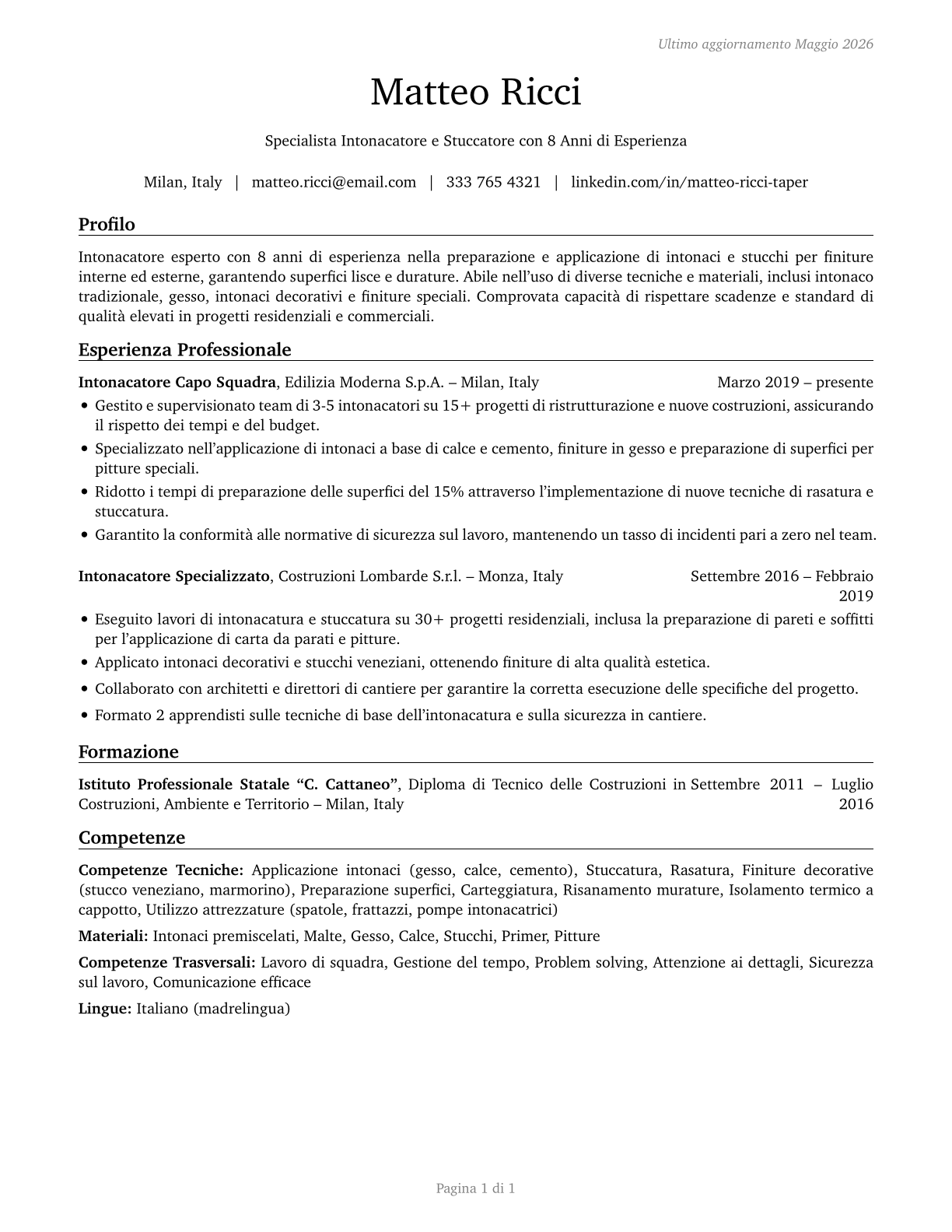 Tapers CV in Italian — page 1