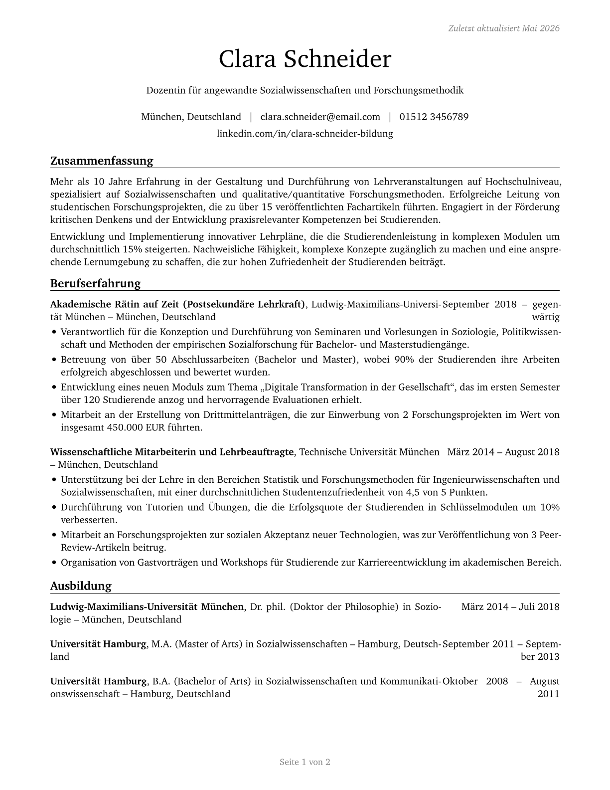 Postsecondary Teachers, All Other CV in German — page 1
