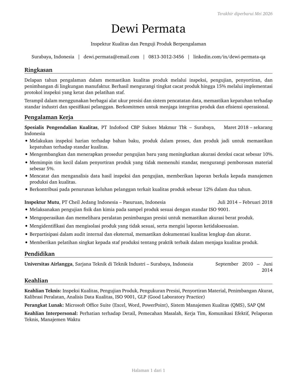 Inspectors, Testers, Sorters, Samplers, and Weighers CV in Indonesian — page 1