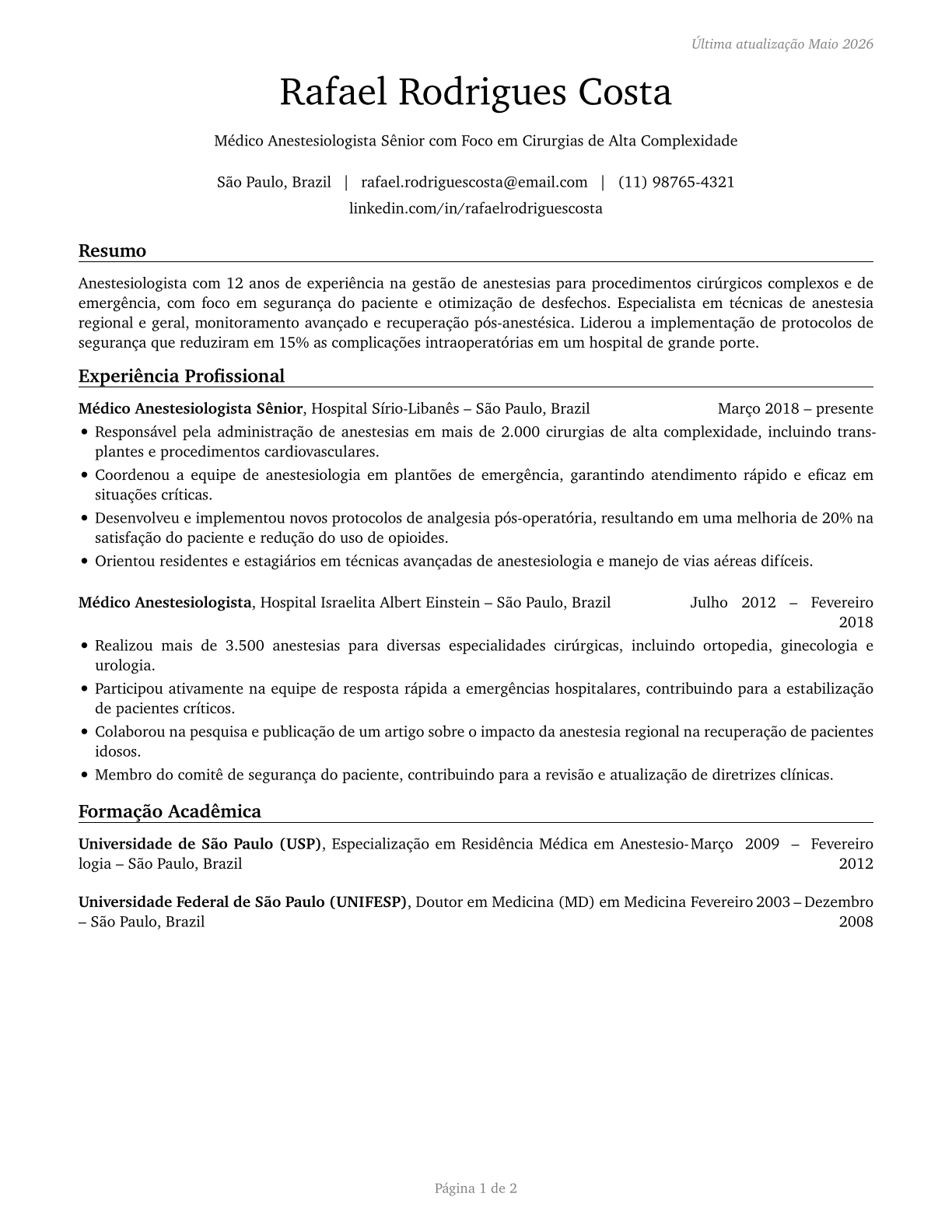 Anesthesiologists CV in Portuguese — page 1