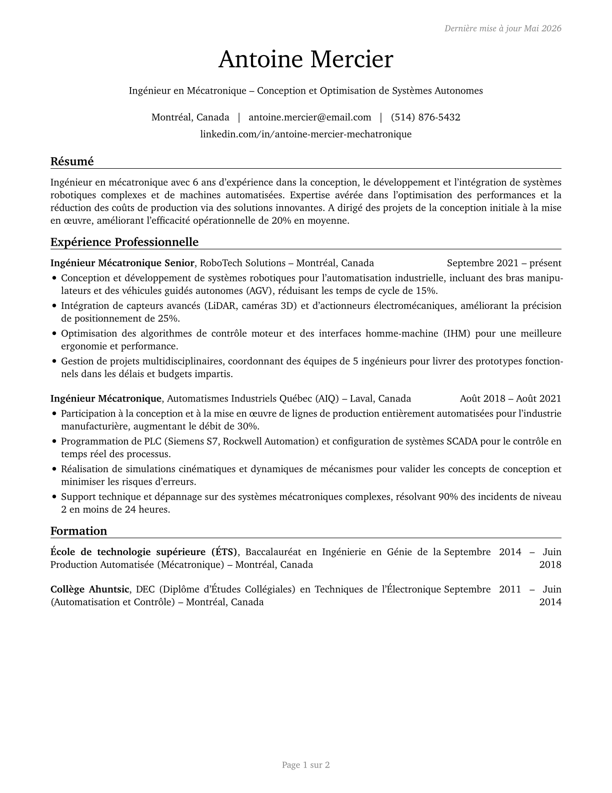 Mechatronics Engineers CV in French — page 1