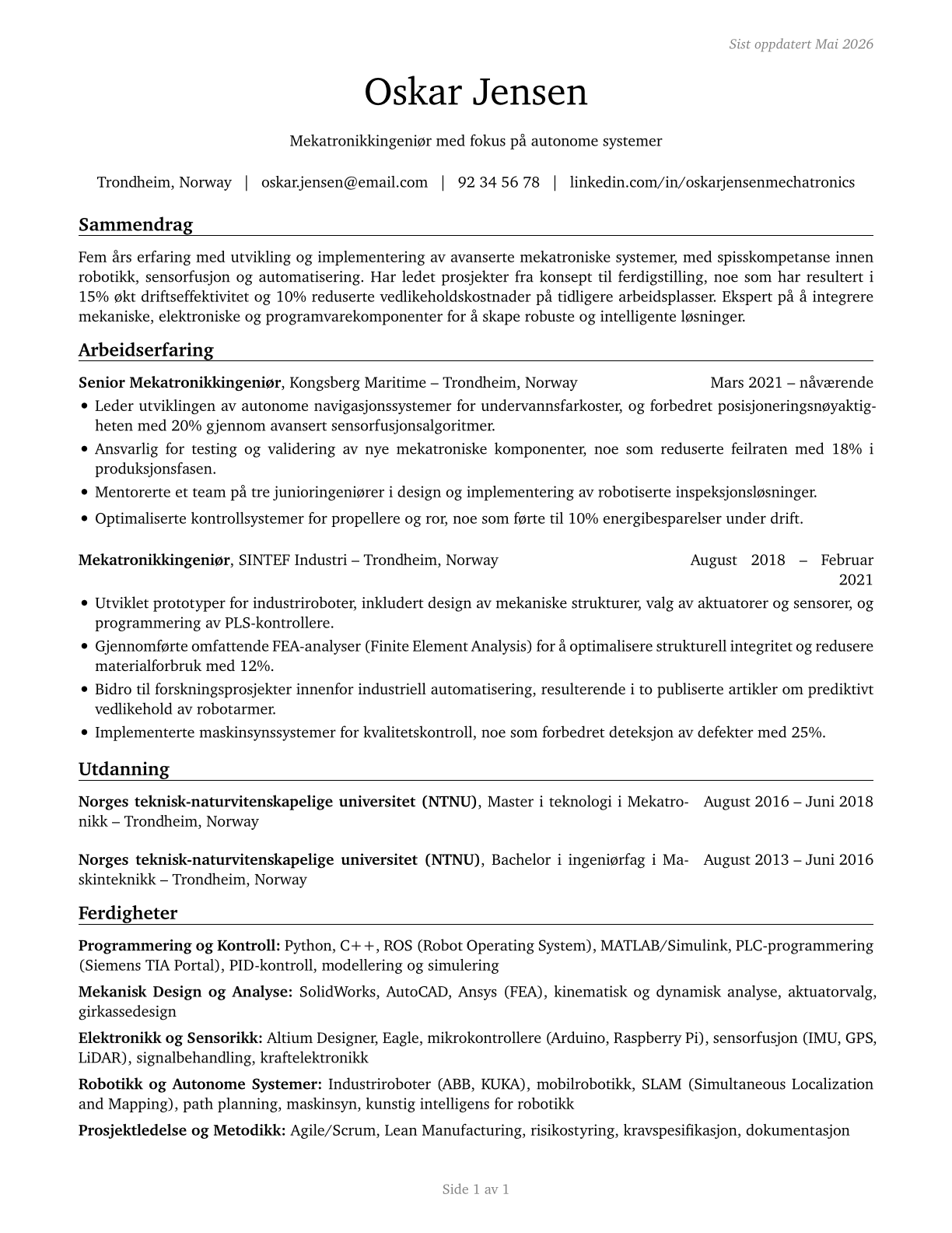 Mechatronics Engineers CV in Norwegian_bokmal — page 1