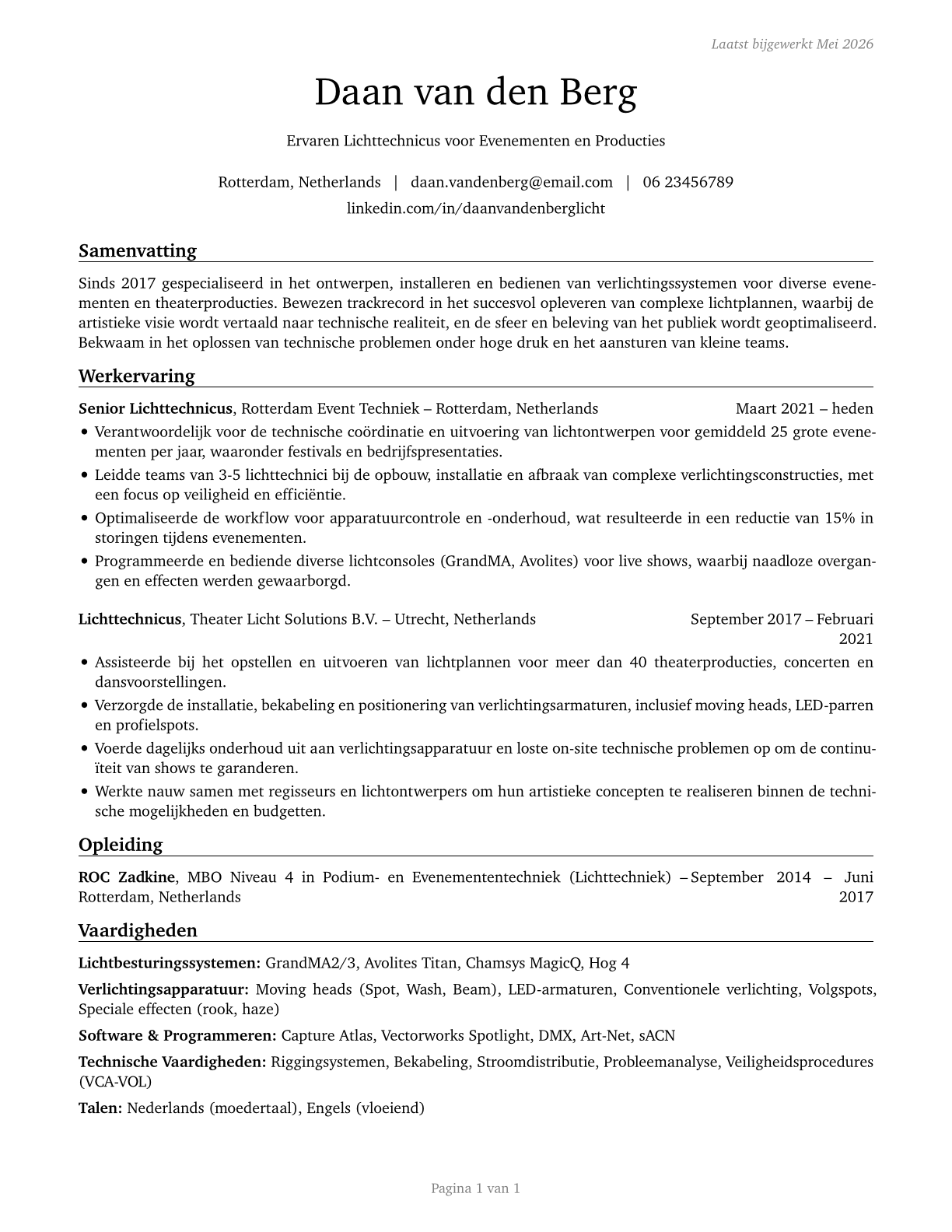 Lighting Technicians CV in Dutch — page 1