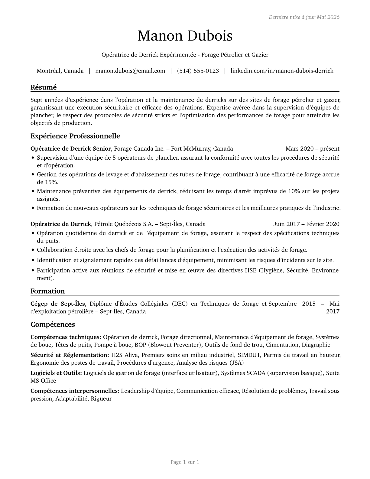 Derrick Operators, Oil and Gas CV in French — page 1