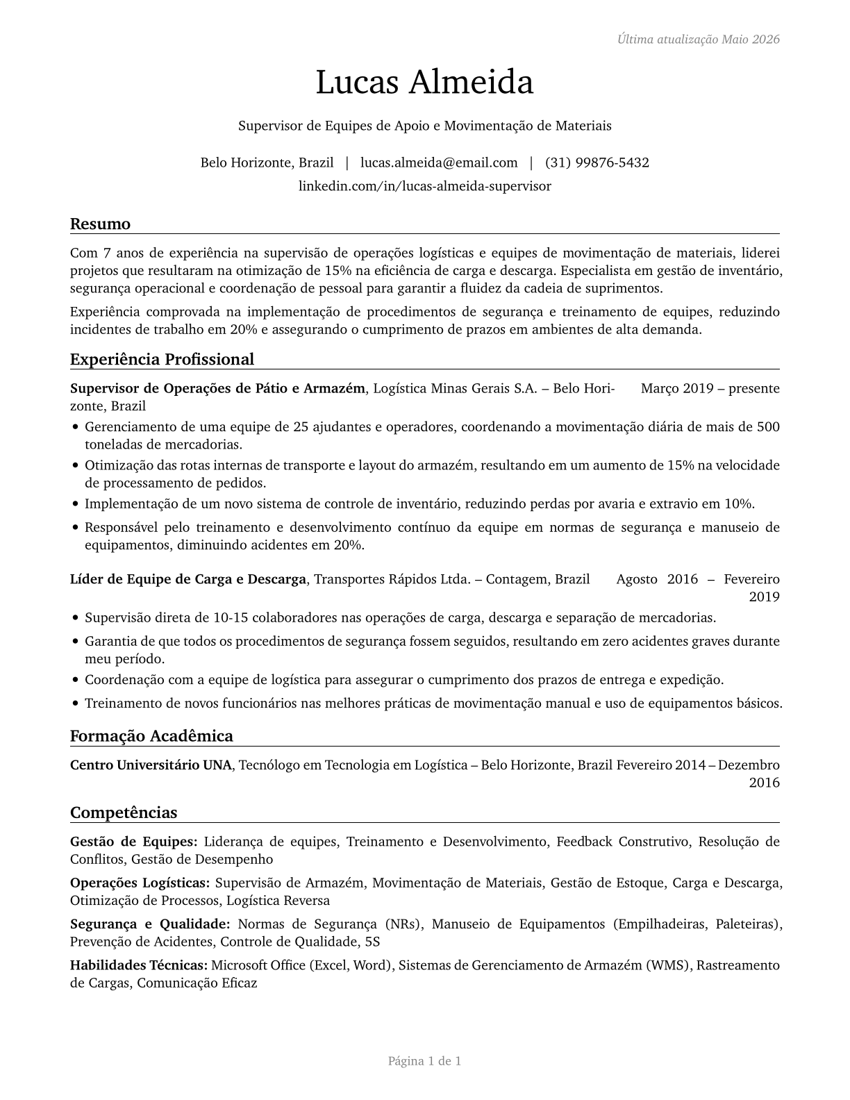 First-Line Supervisors of Helpers, Laborers, and Material Movers, Hand CV in Portuguese — page 1