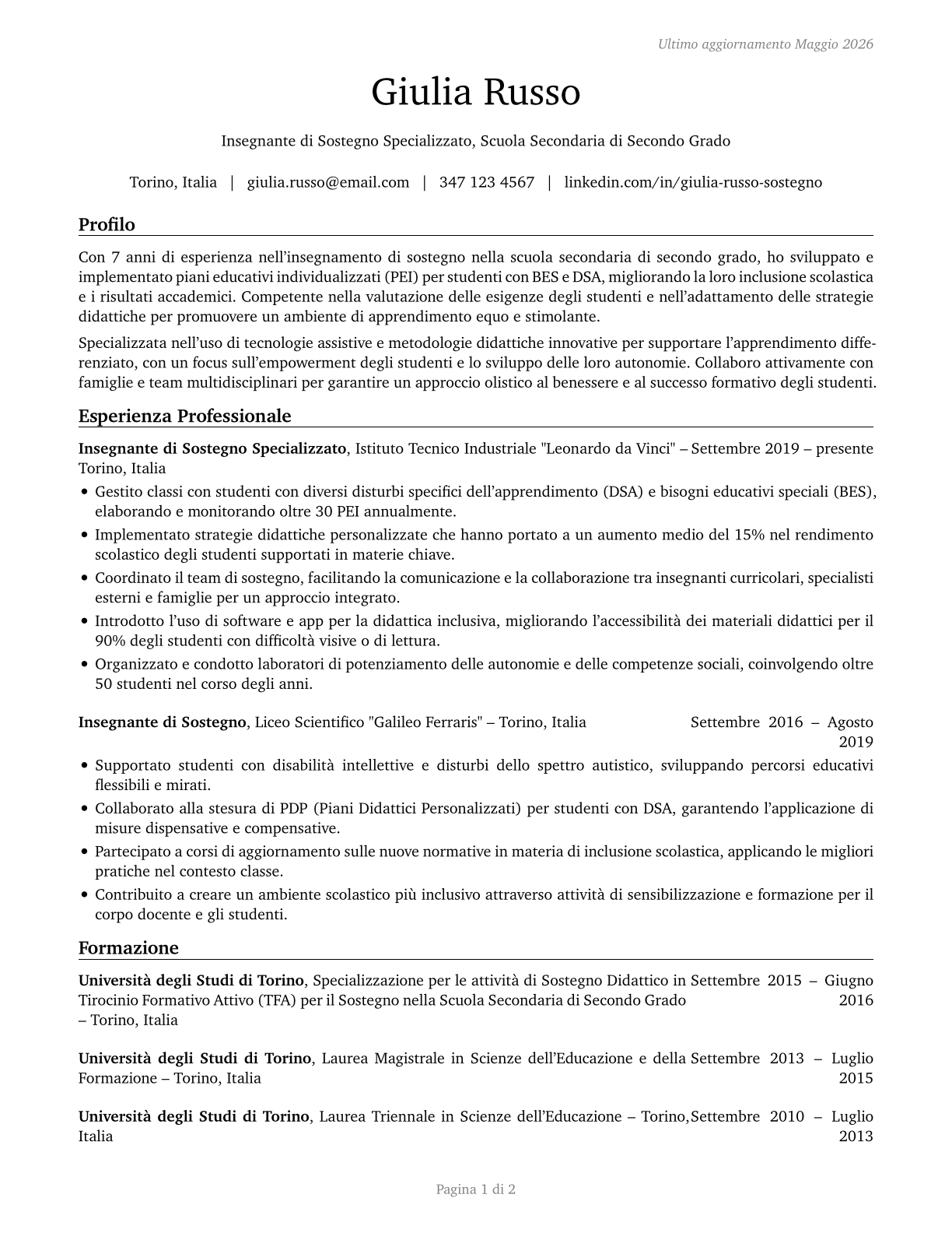 Special Education Teachers, Secondary School CV in Italian — page 1
