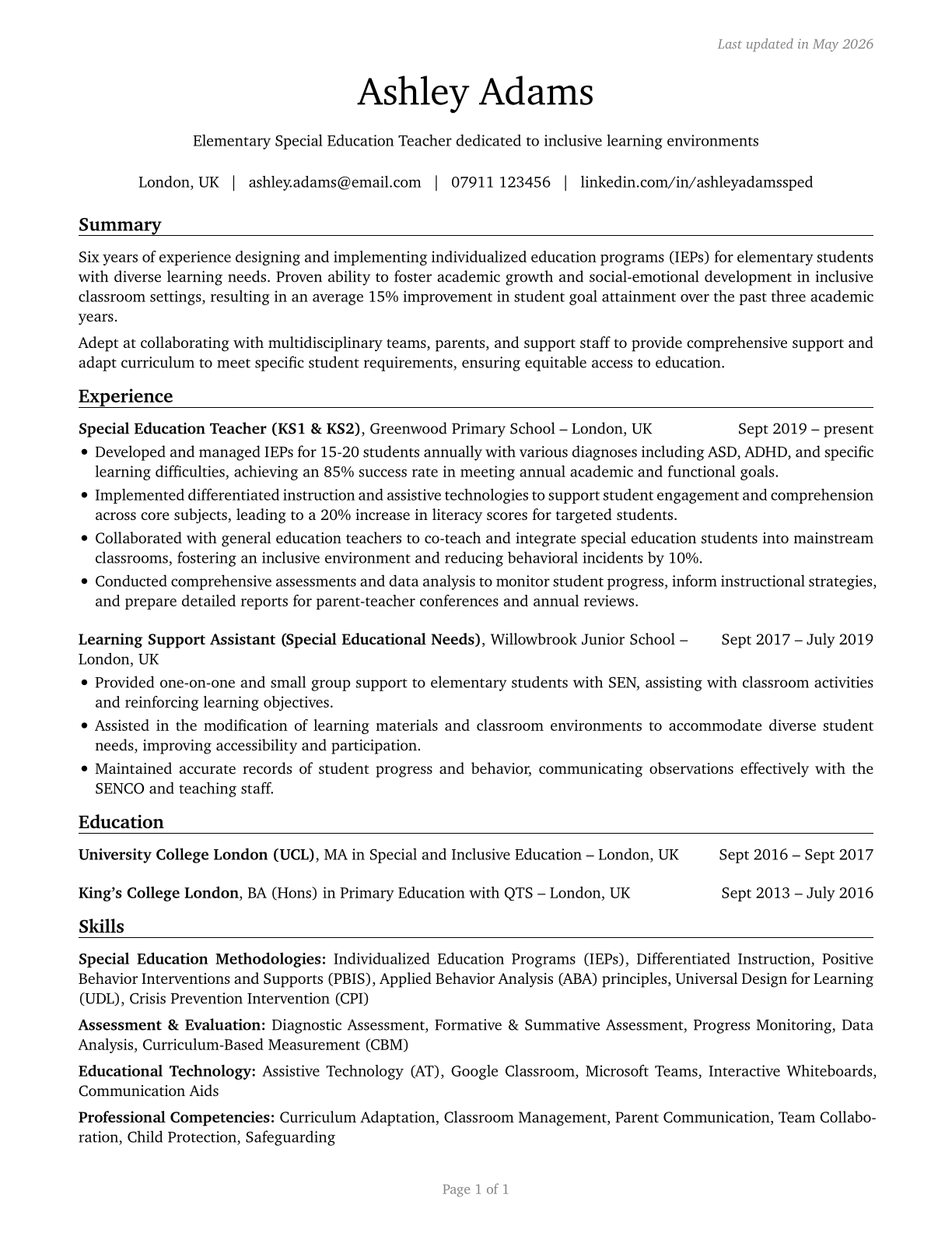 Special Education Teachers, Elementary School CV in English — page 1