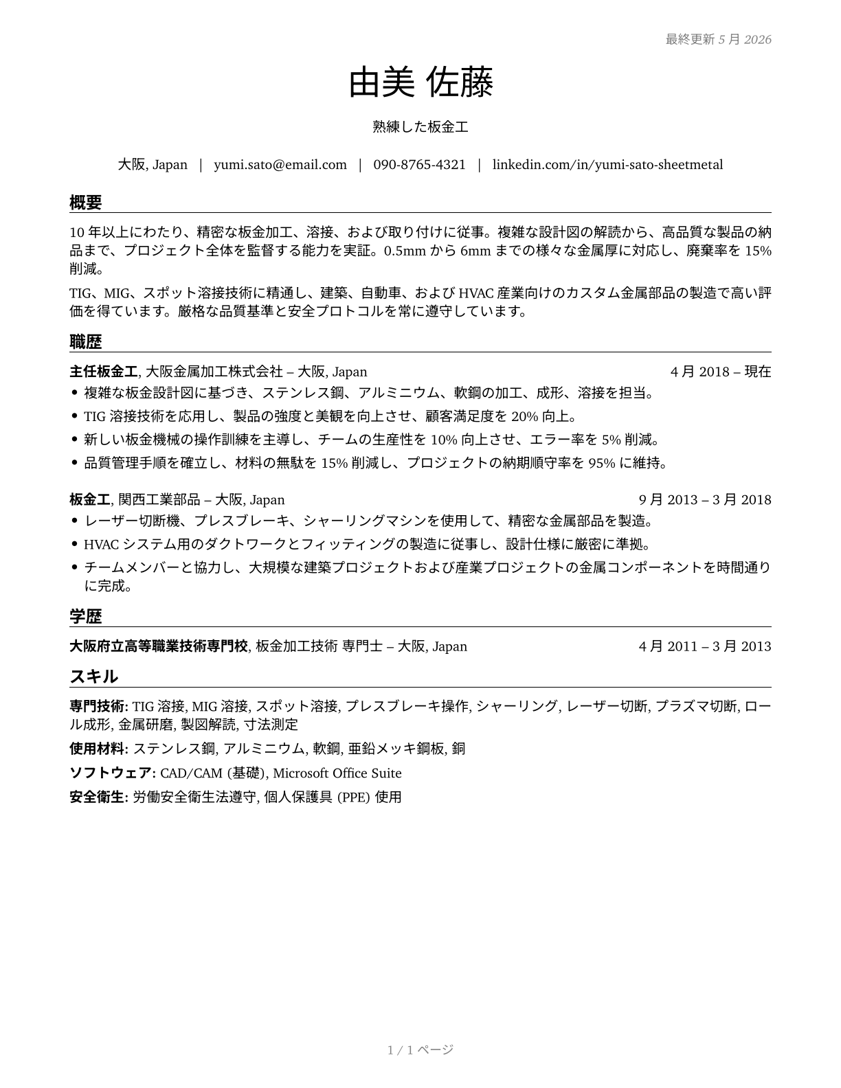 Sheet Metal Workers CV in Japanese — page 1