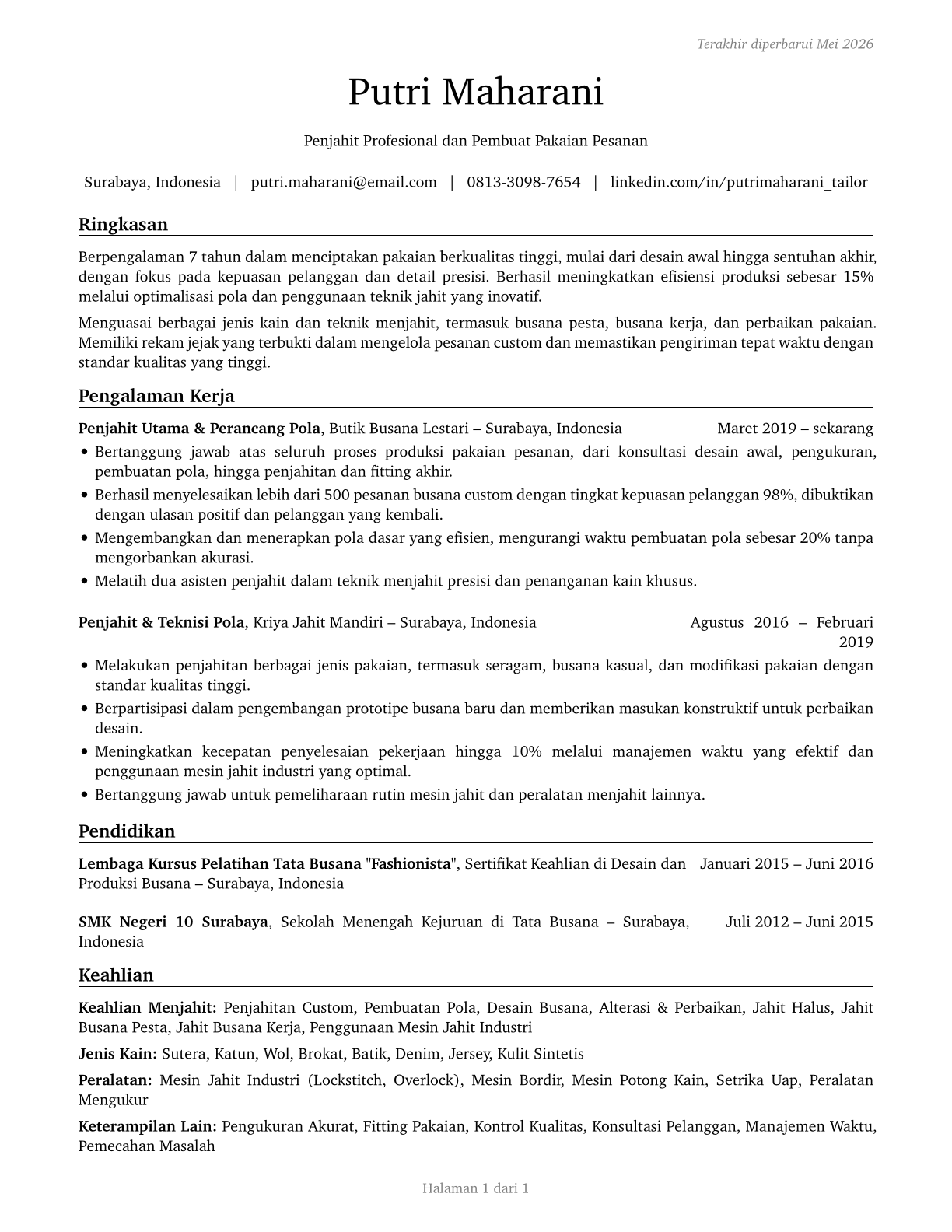Tailors, Dressmakers, and Custom Sewers CV in Indonesian — page 1