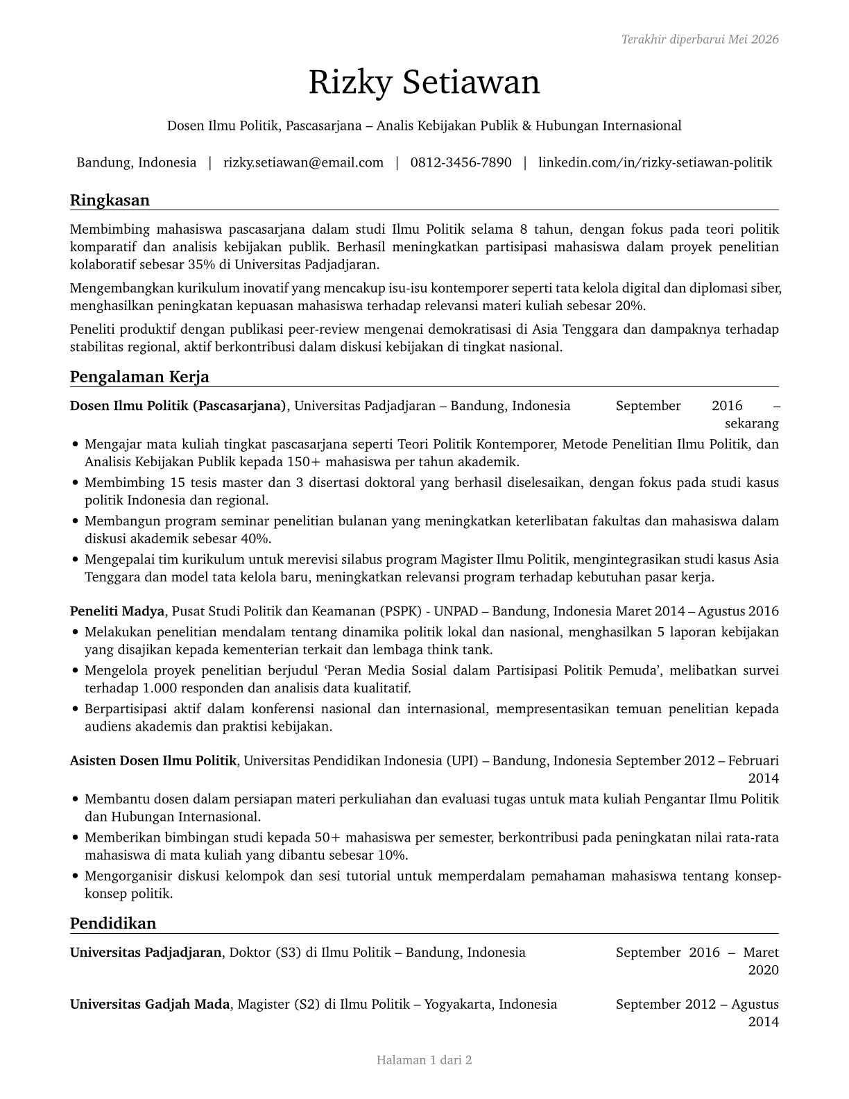 Political Science Teachers, Postsecondary CV in Indonesian — page 1
