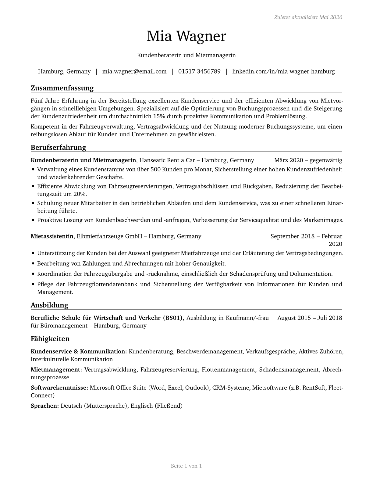 Counter and Rental Clerks CV in German — page 1