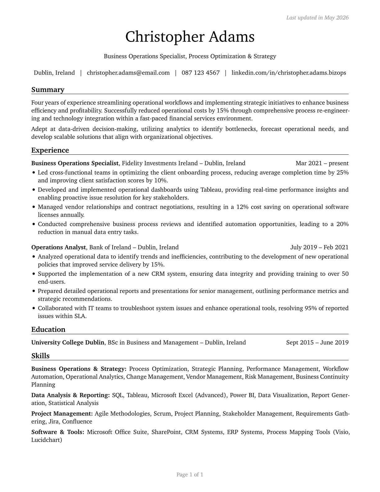 Business Operations Specialists, All Other CV in English — page 1