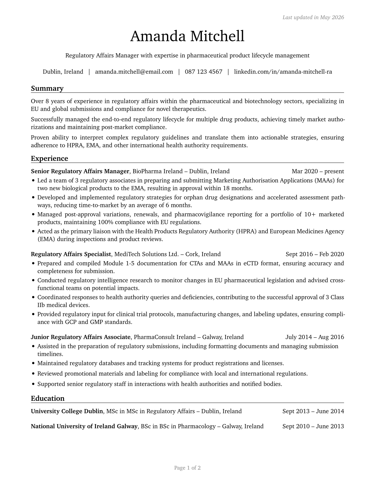 Regulatory Affairs Managers CV in English — page 1