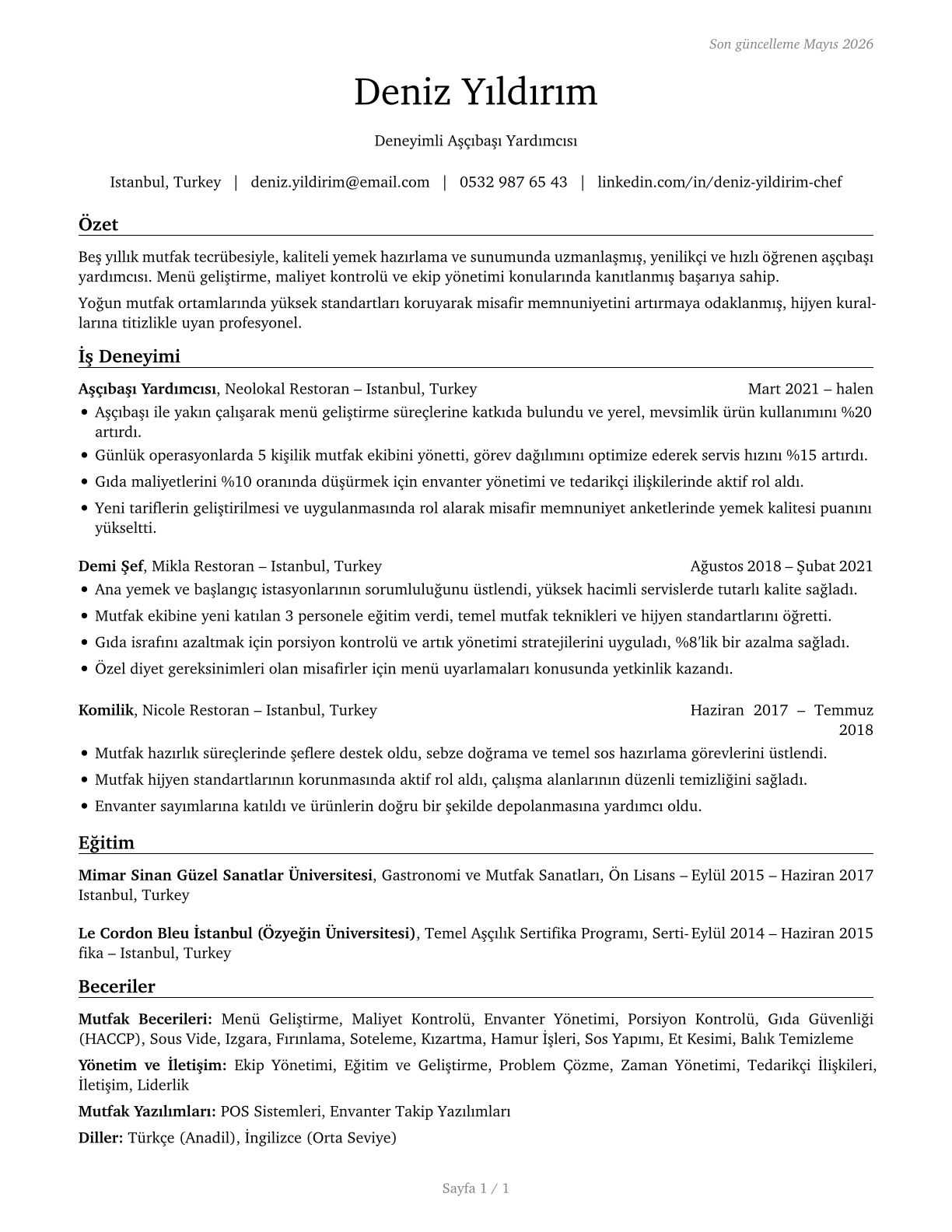 Cooks, Restaurant CV in Turkish — page 1