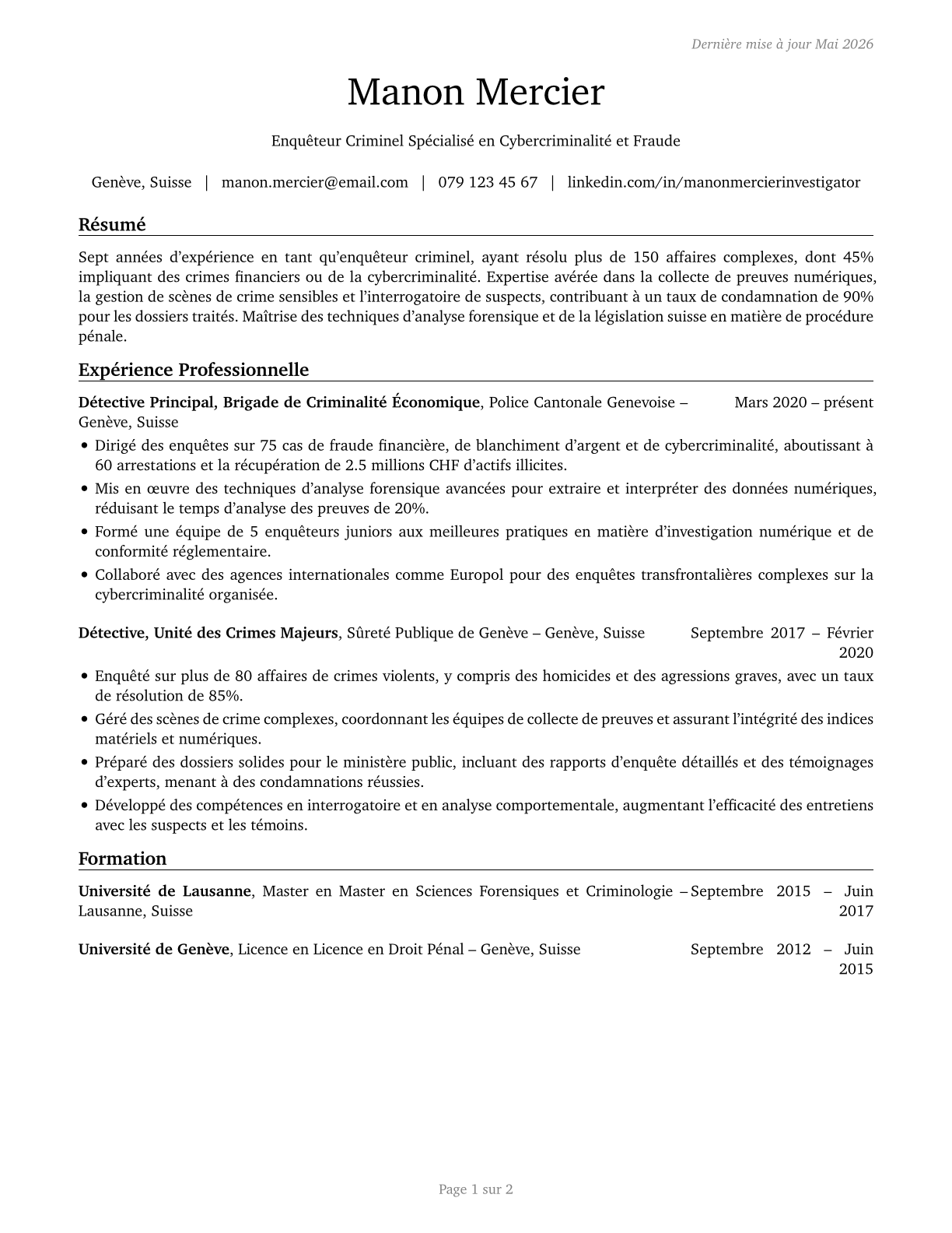 Detectives and Criminal Investigators CV in French — page 1