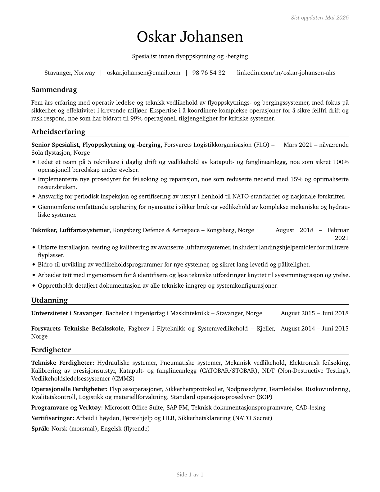 Aircraft Launch and Recovery Specialists CV in Norwegian_bokmal — page 1