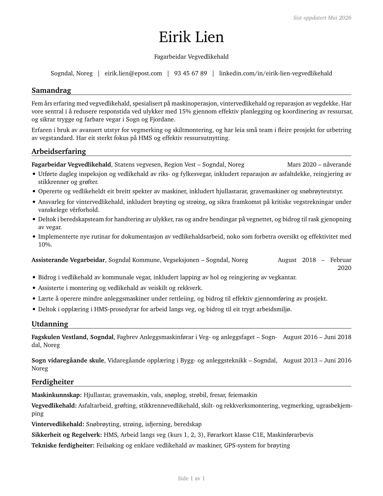 Highway Maintenance Workers CV in Norwegian_nynorsk — page 1