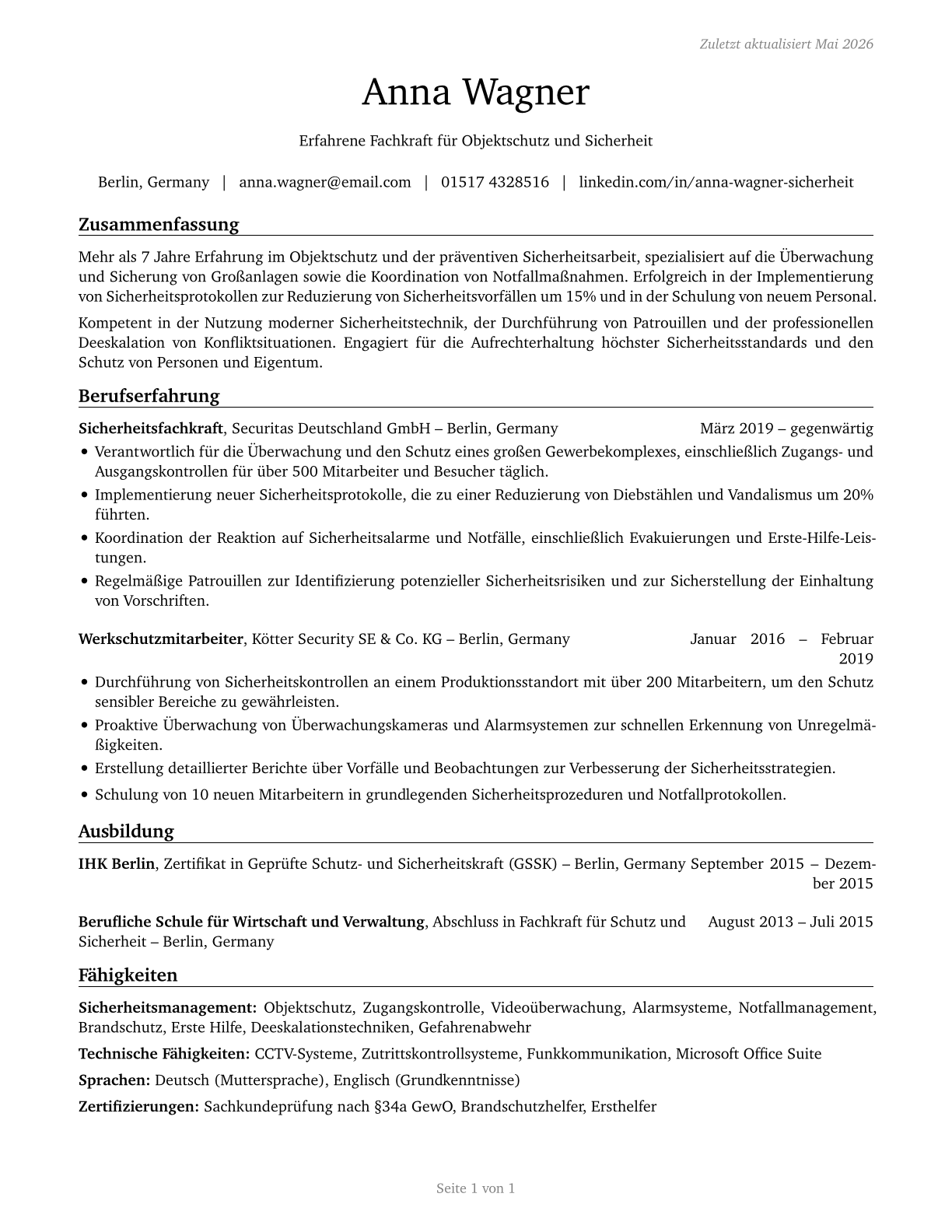 Security Guards CV in German — page 1