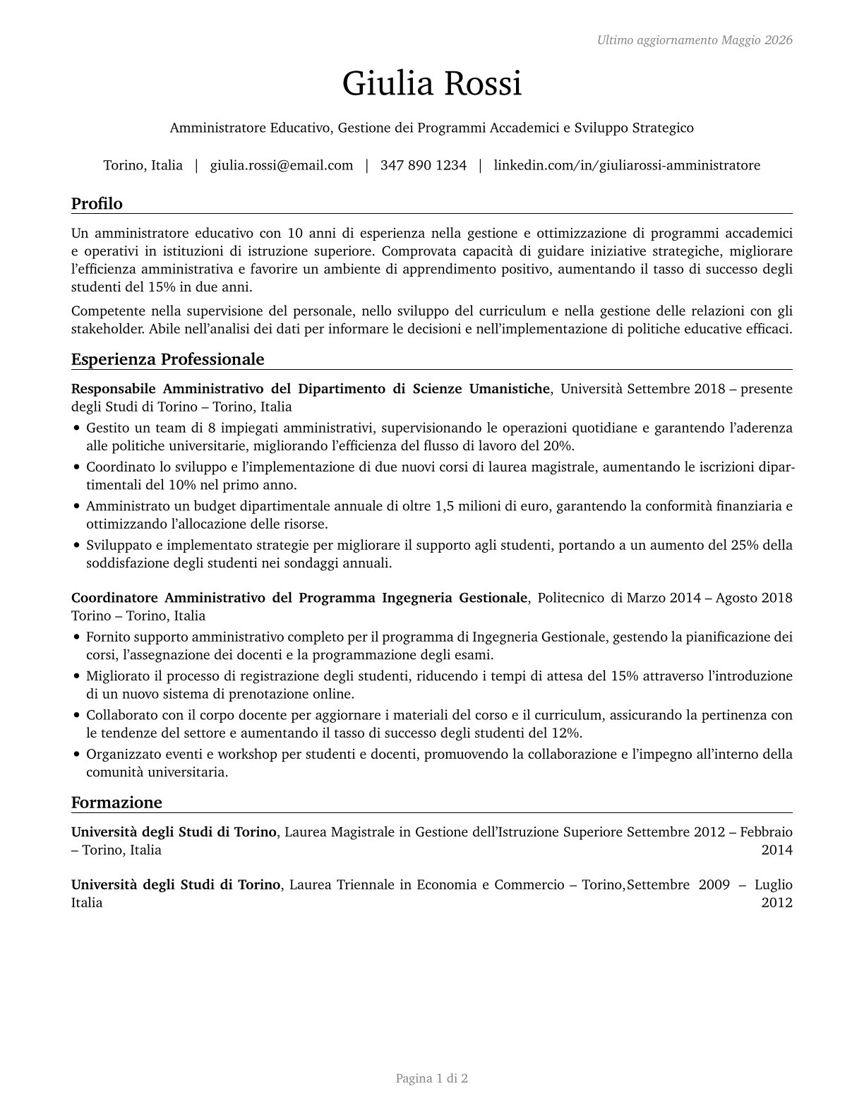 Education Administrators, All Other CV in Italian — page 1