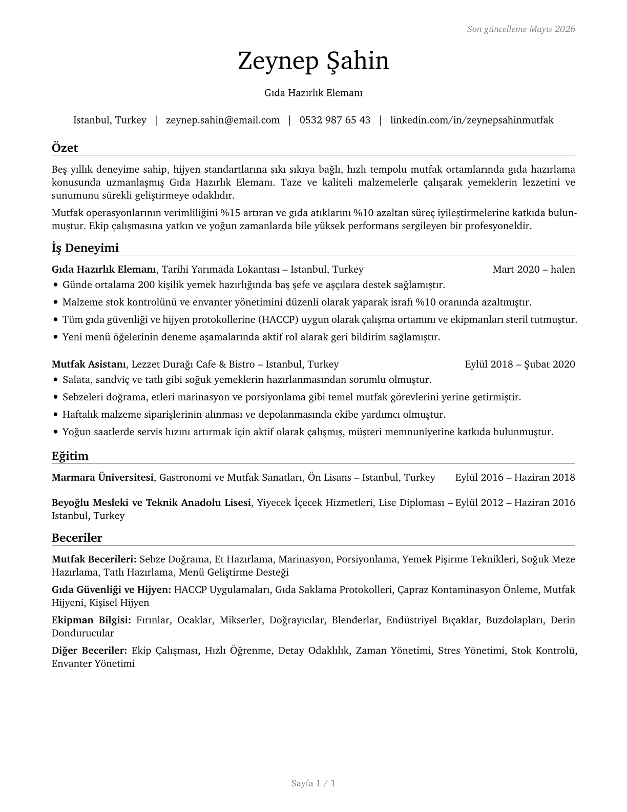 Food Preparation Workers CV in Turkish — page 1
