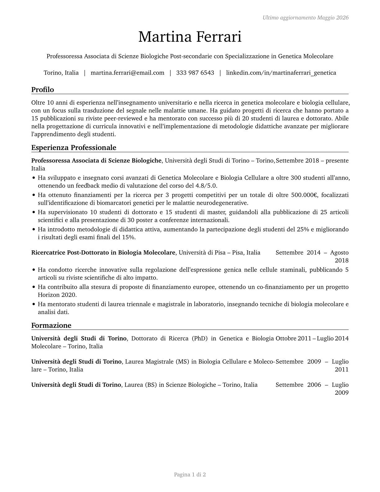 Biological Science Teachers, Postsecondary CV in Italian — page 1