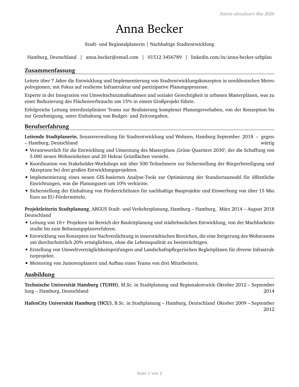 Urban and Regional Planners CV in German — page 1