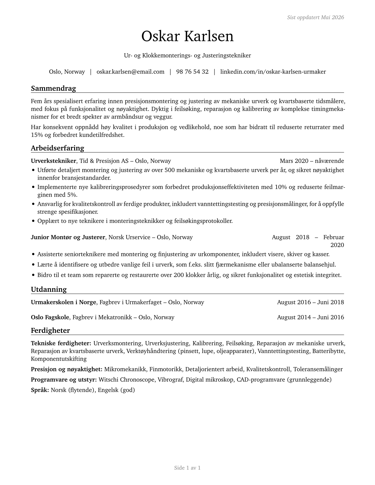 Timing Device Assemblers and Adjusters CV in Norwegian_bokmal — page 1