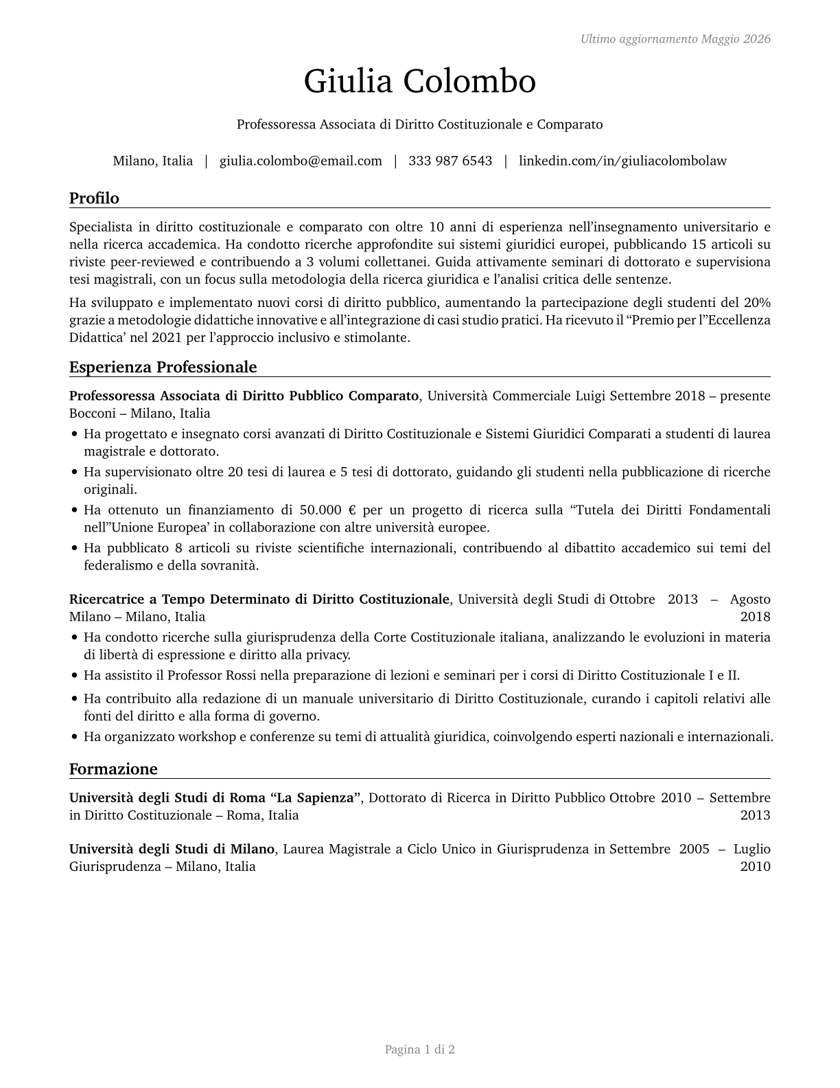 Law Teachers, Postsecondary CV in Italian — page 1