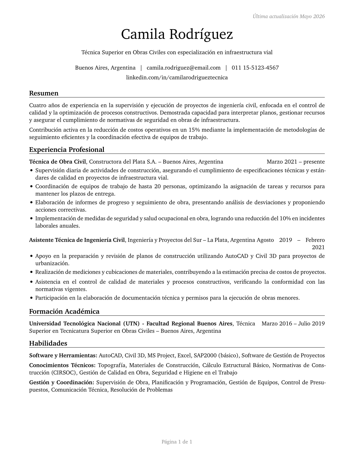 Civil Engineering Technologists and Technicians CV in Spanish — page 1