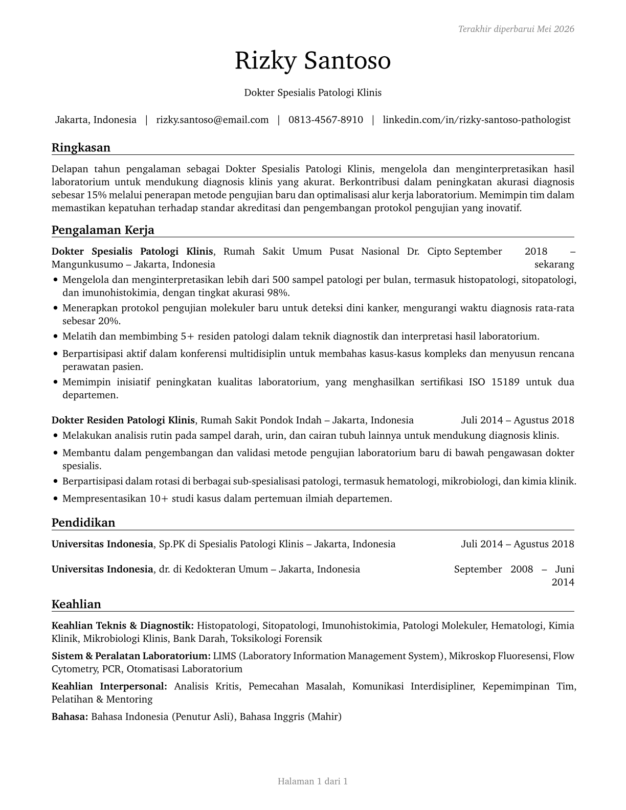 Physicians, Pathologists CV in Indonesian — page 1