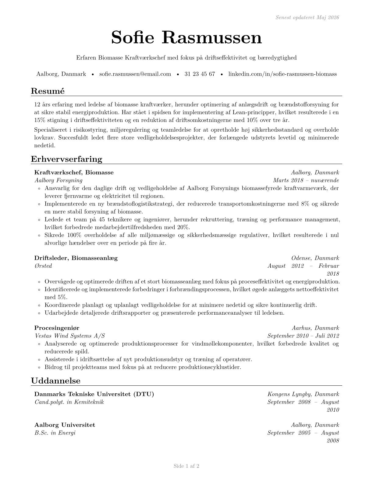 Biomass Power Plant Managers CV in Danish — page 1